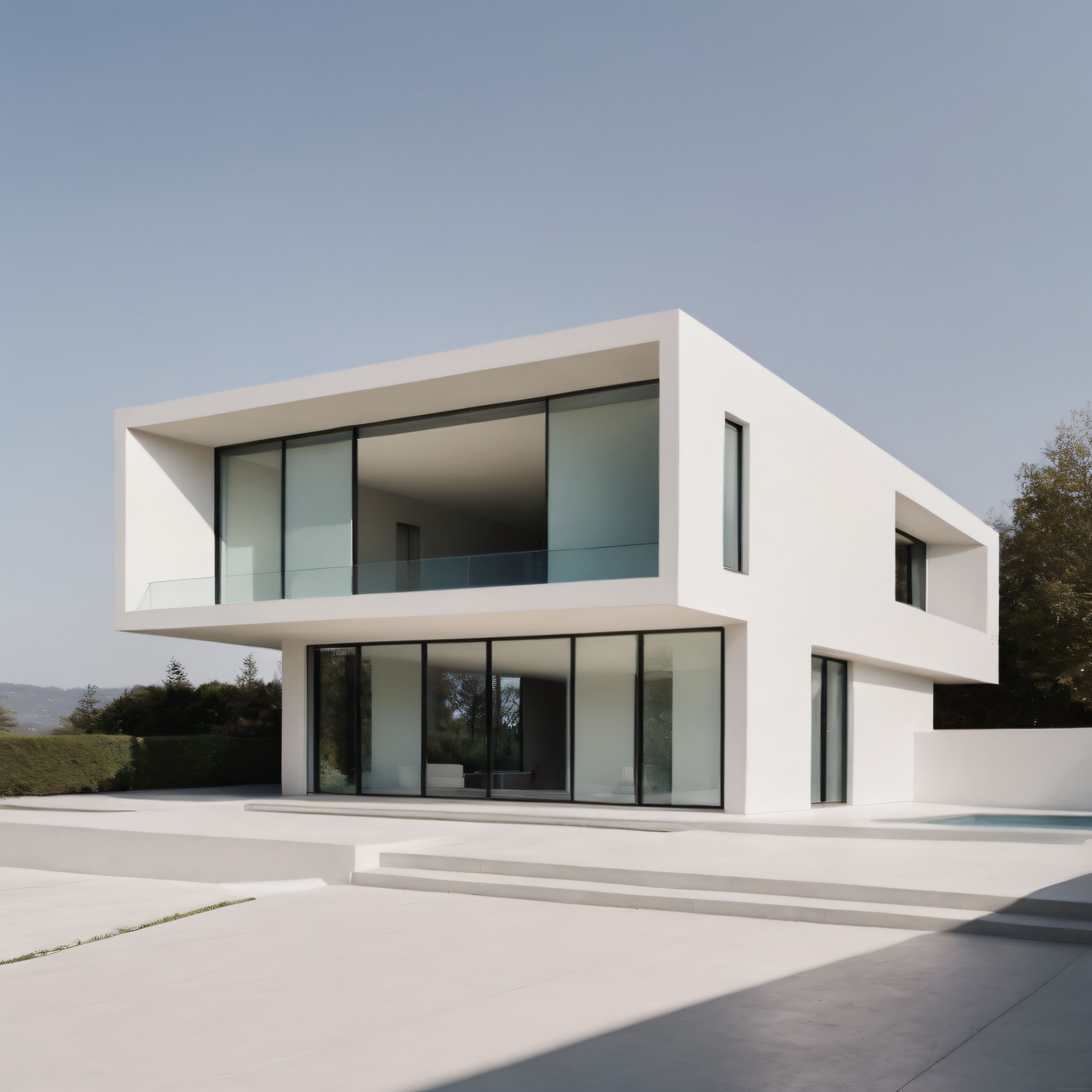 Kırsal Manzarada Büyük Cam Cepheli Modern Minimalist Beyaz Villa