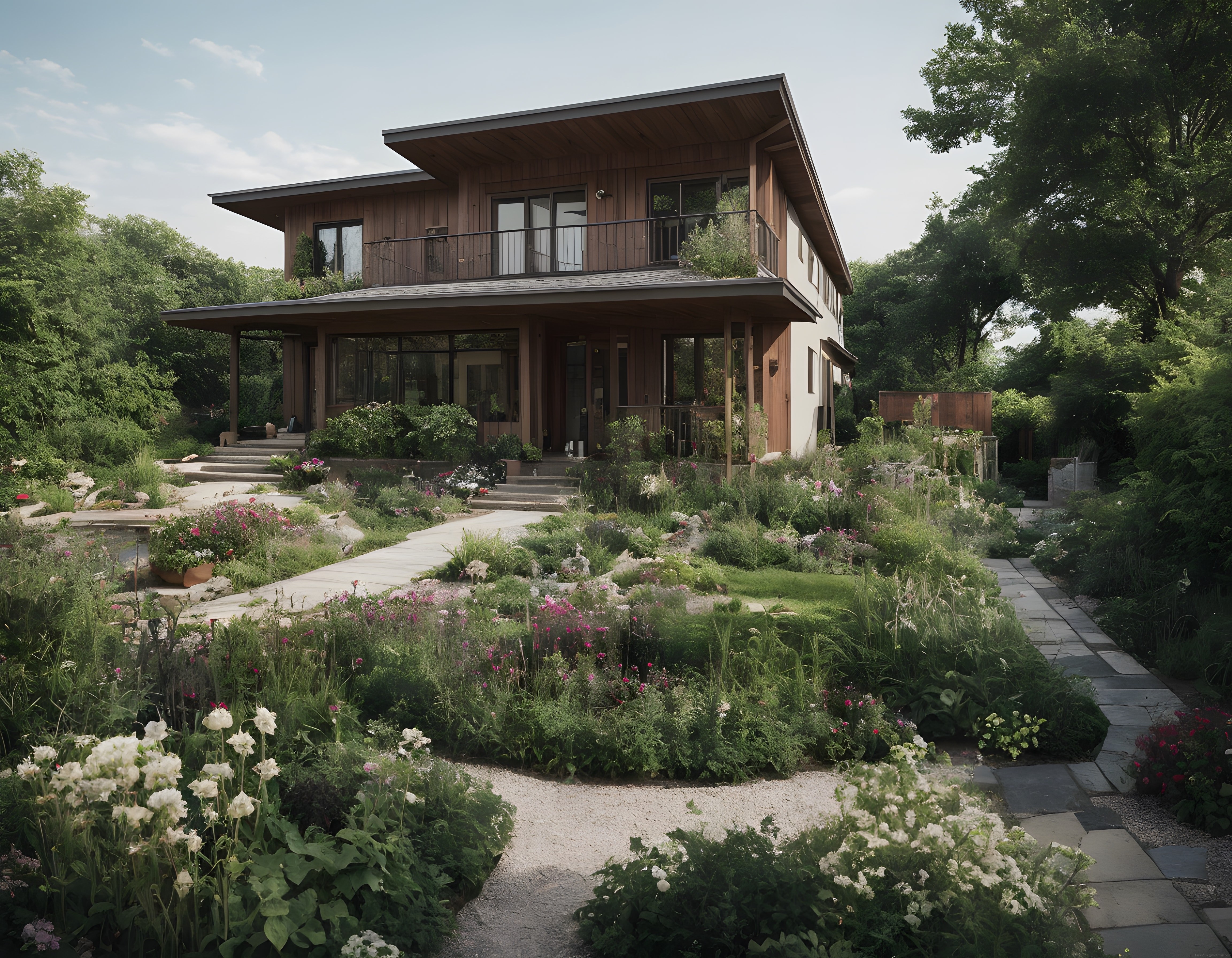 Kırsalda sığınak gibi duran modern ahşap villa ve yemyeşil çiçekli bahçesi