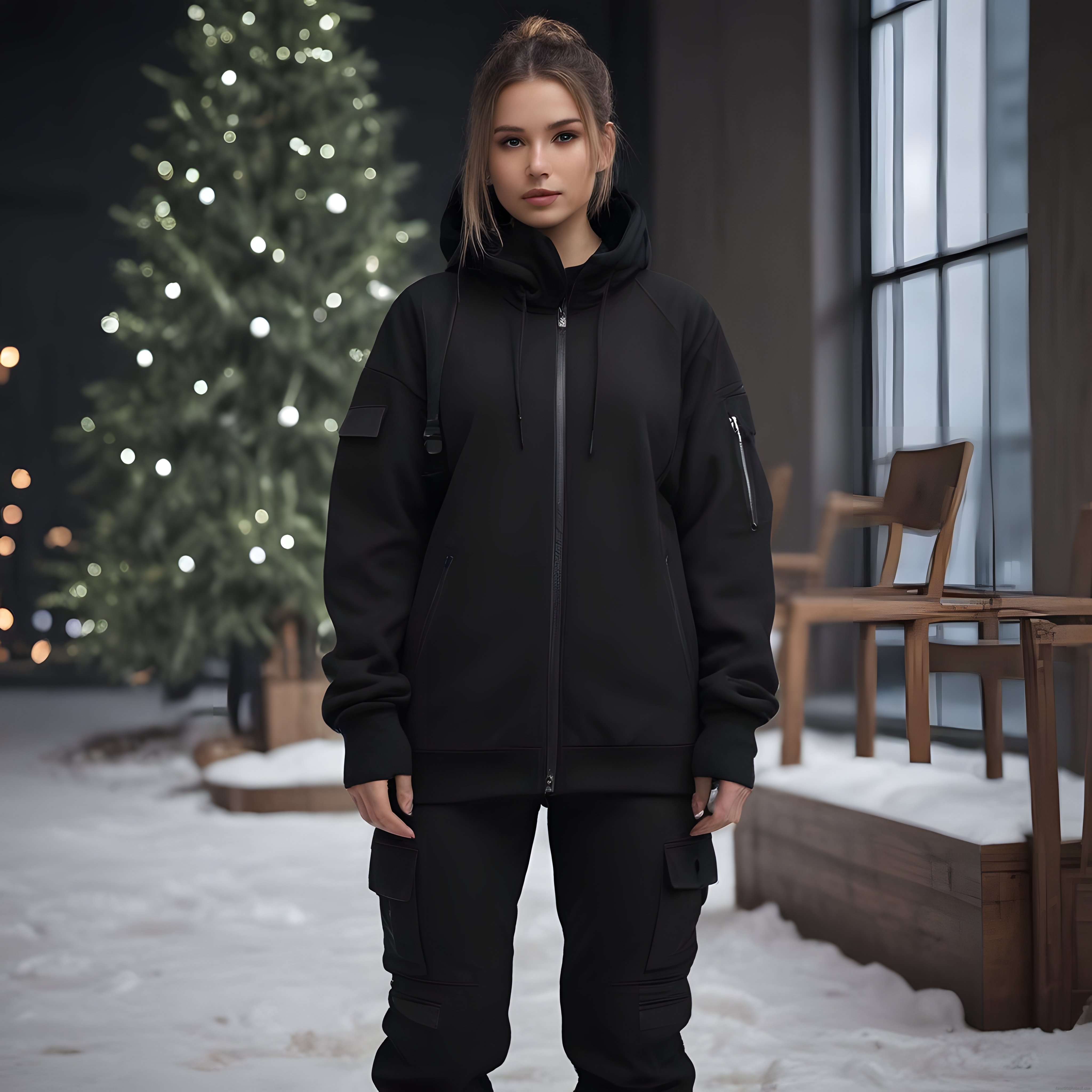 Kış Atmosferinde Siyah Oversize Kapüşonlu Sweatshirt ve Kargo Pantolon Giyim