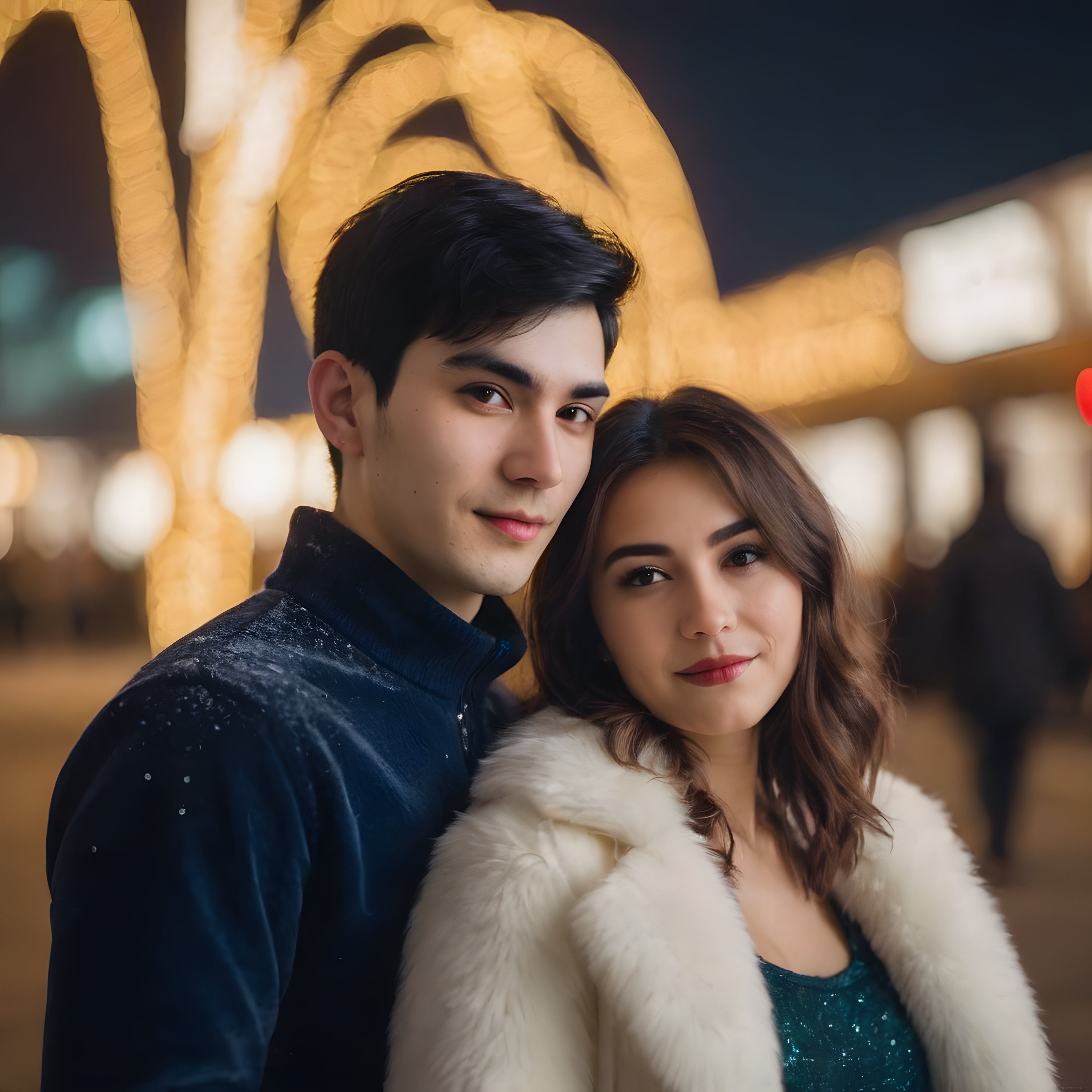Kış gecesi sarı ışıklar altında romantik çift portresi ve samimi anlar