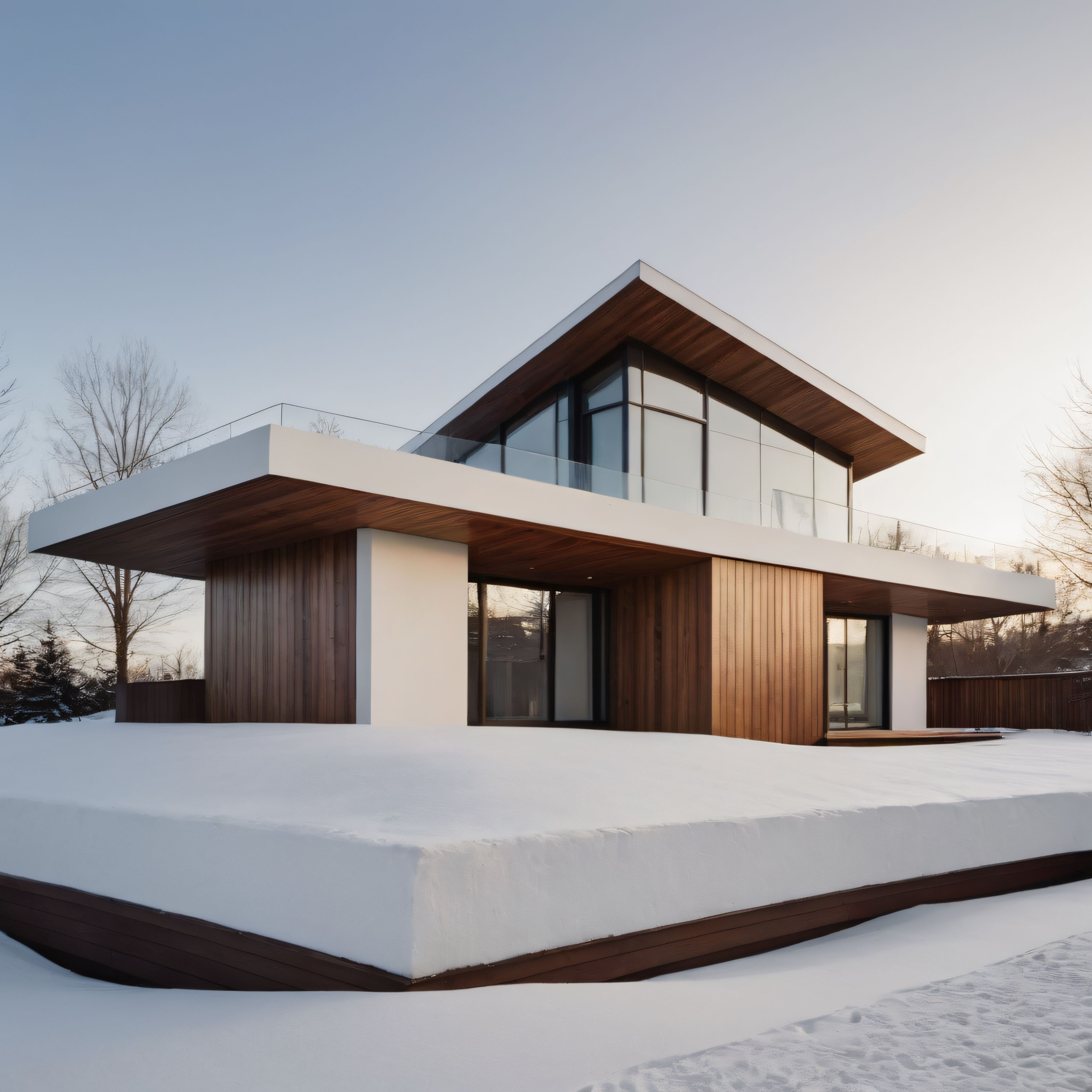 Kış Gün Batımında Cam ve Ahşap Detaylı Modern Villa Tasarımı