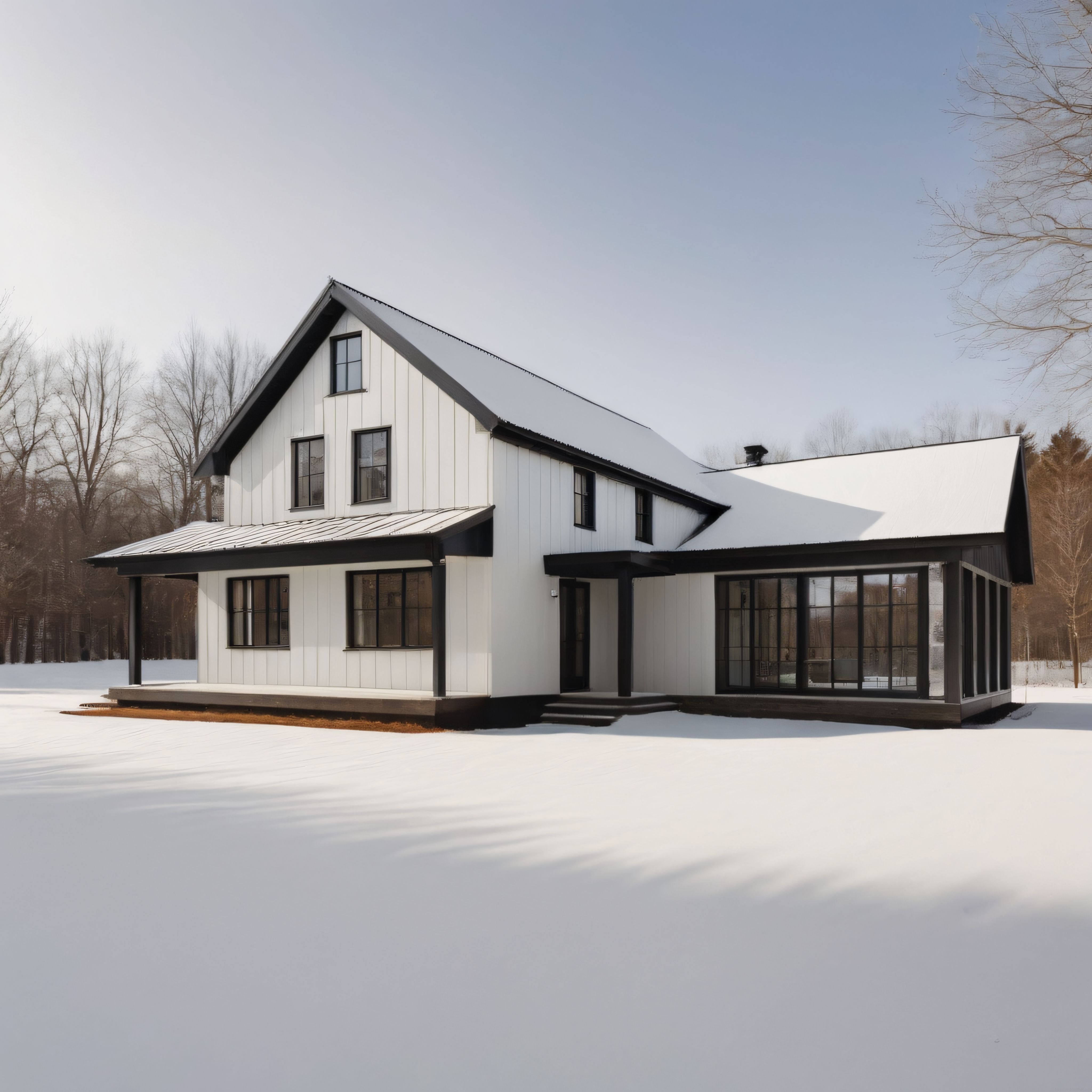 Kış Güneşinde Karlı Arazide Modern Beyaz Çiftlik Evi Tasarımı