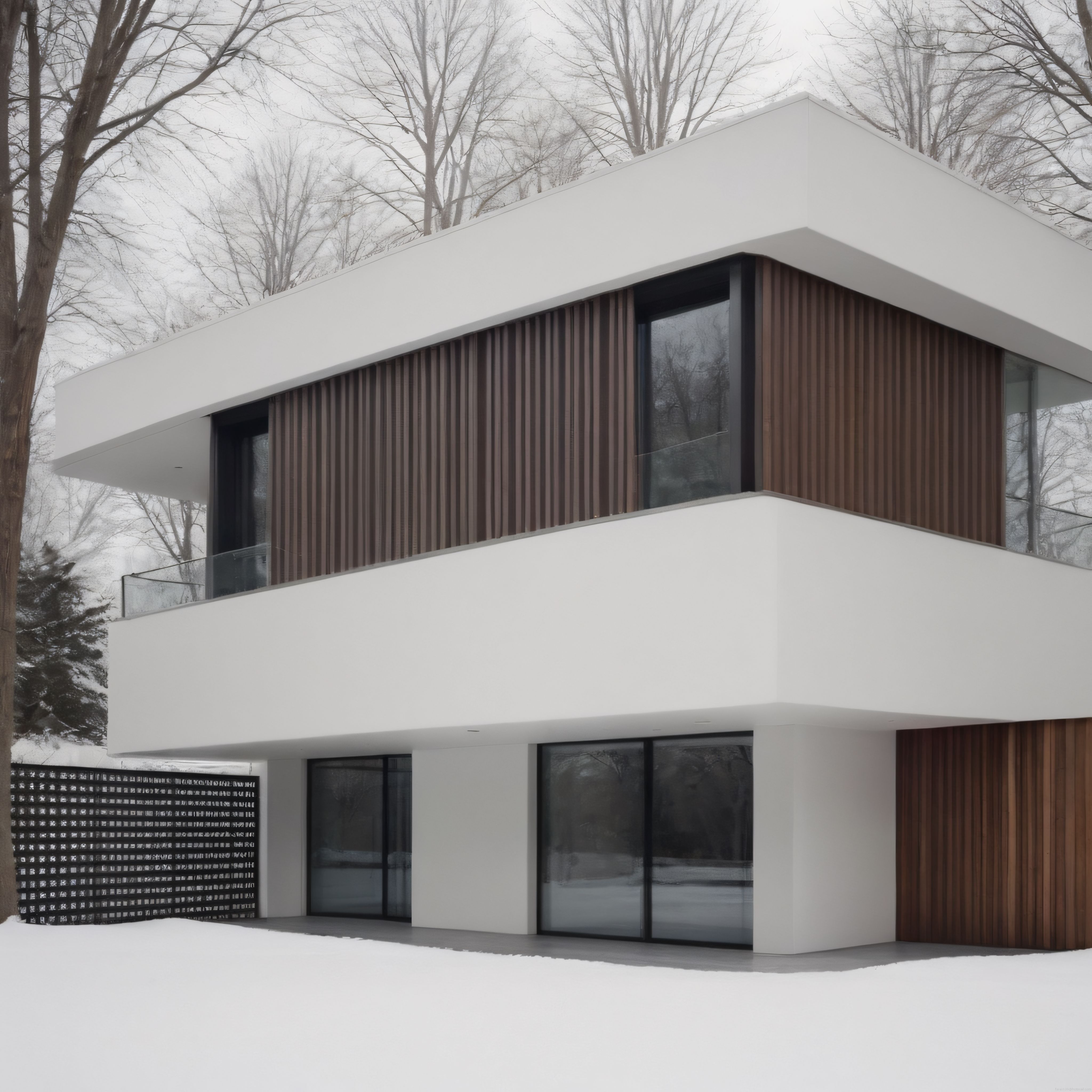 Kış Manzaralı Çağdaş Minimalist Villa: Beyaz Beton ve Ahşap Panel Detayları
