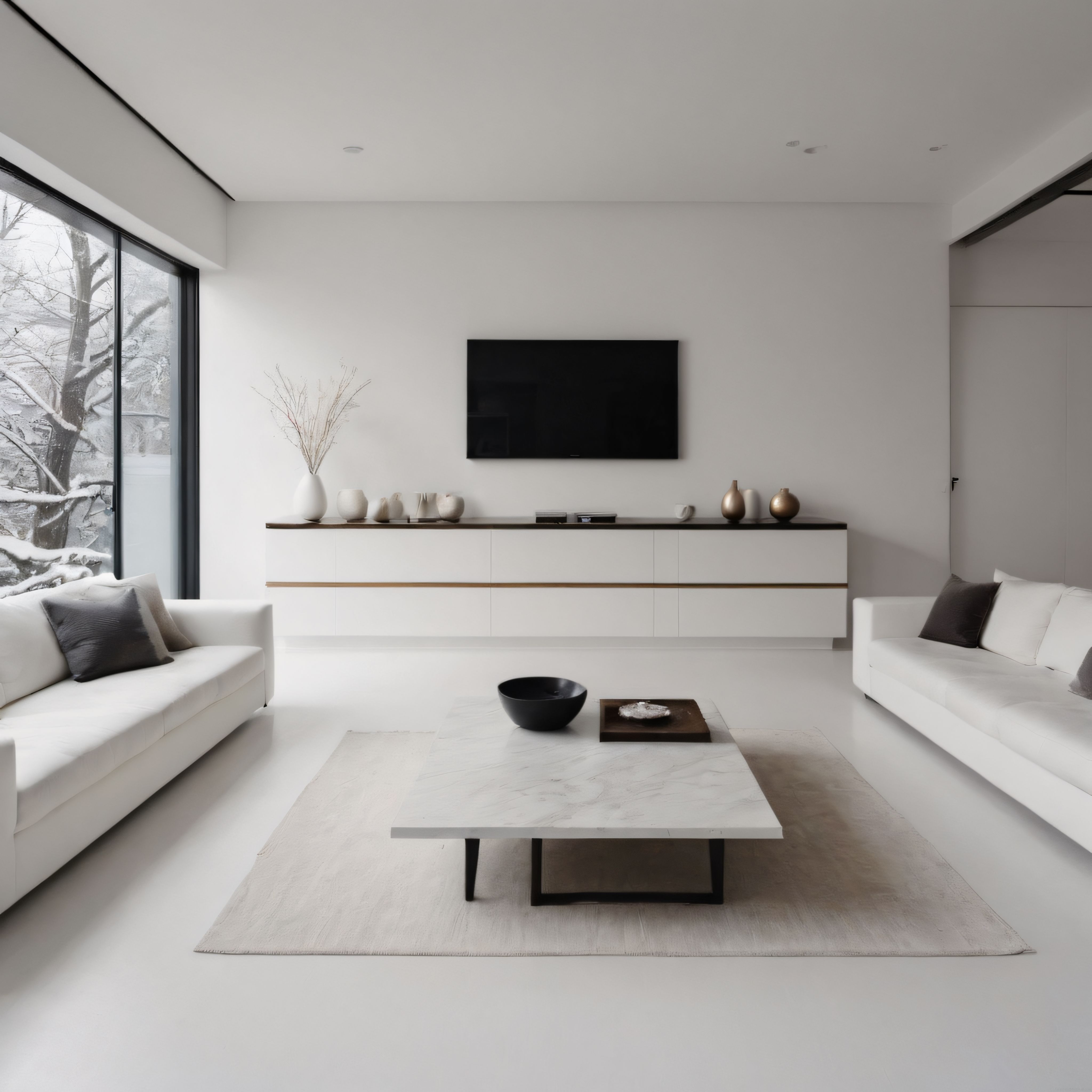 Kış Manzaralı Lüks Beyaz Salon: Modern Minimalist Dekorasyon Fikri