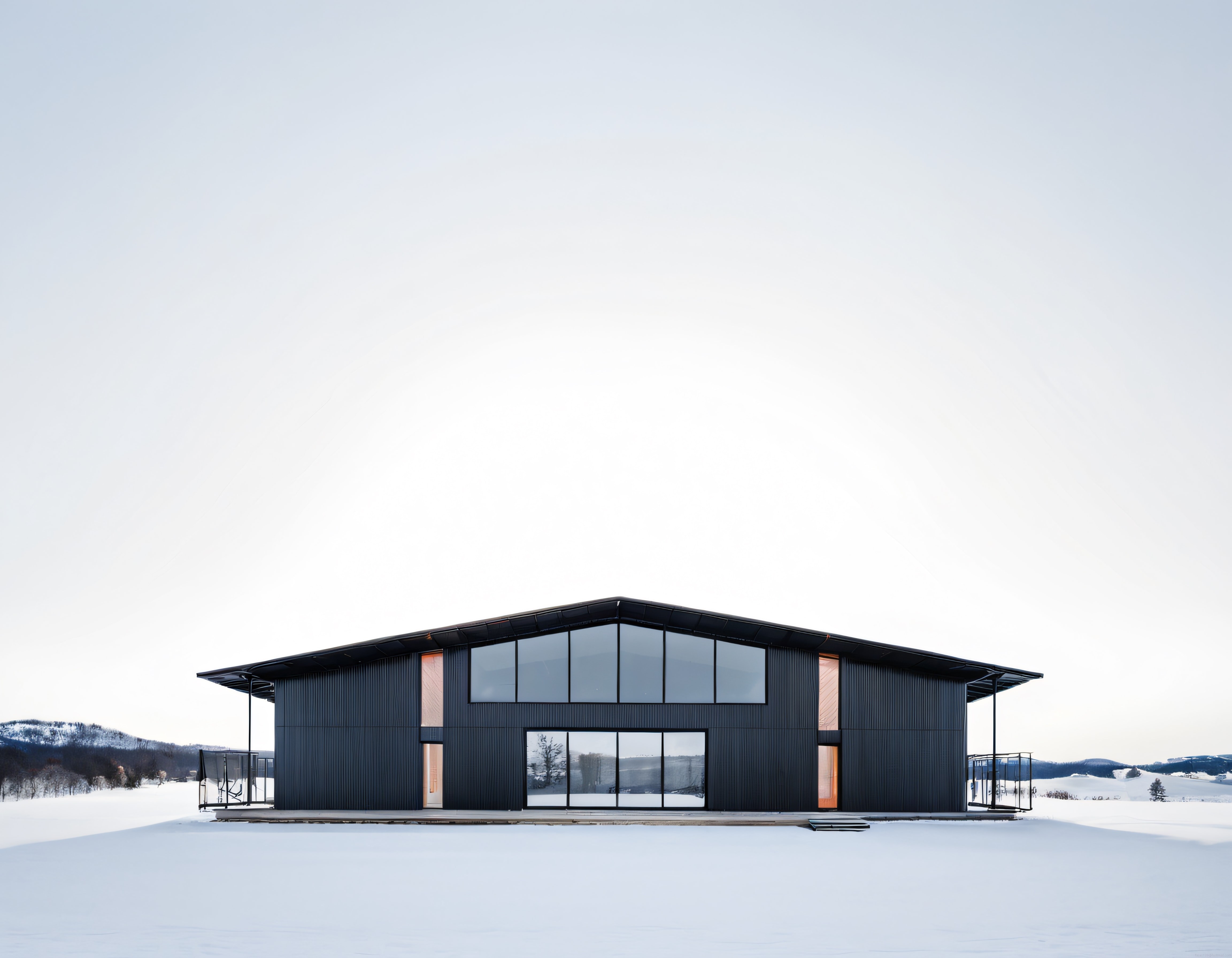 kış manzarasında büyük camlı modern minimalist siyah dağ evi ve yalın mimarisi