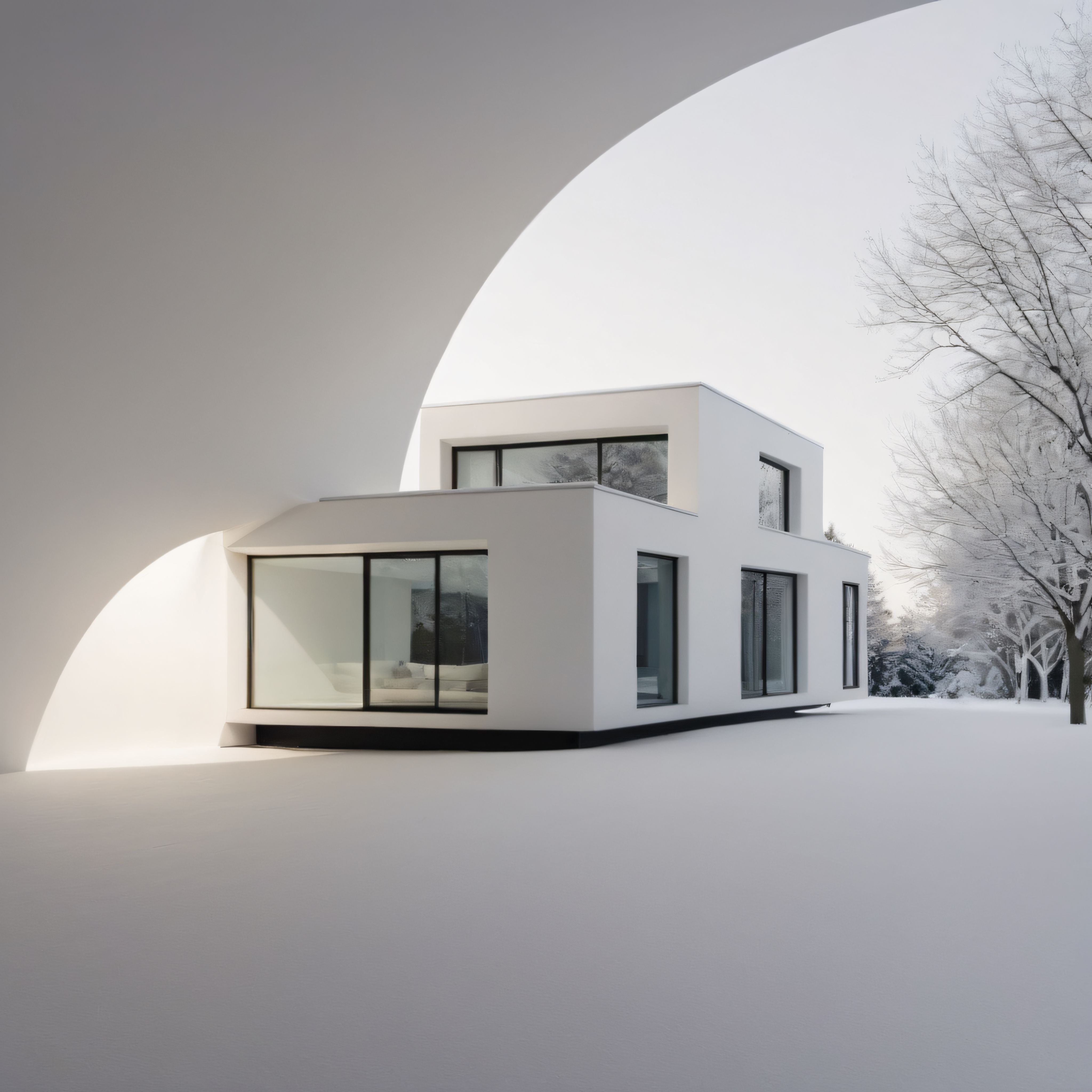 Kış Manzarasında Kubbeli Yapıya Komşu Modern Minimalist Beyaz Ev