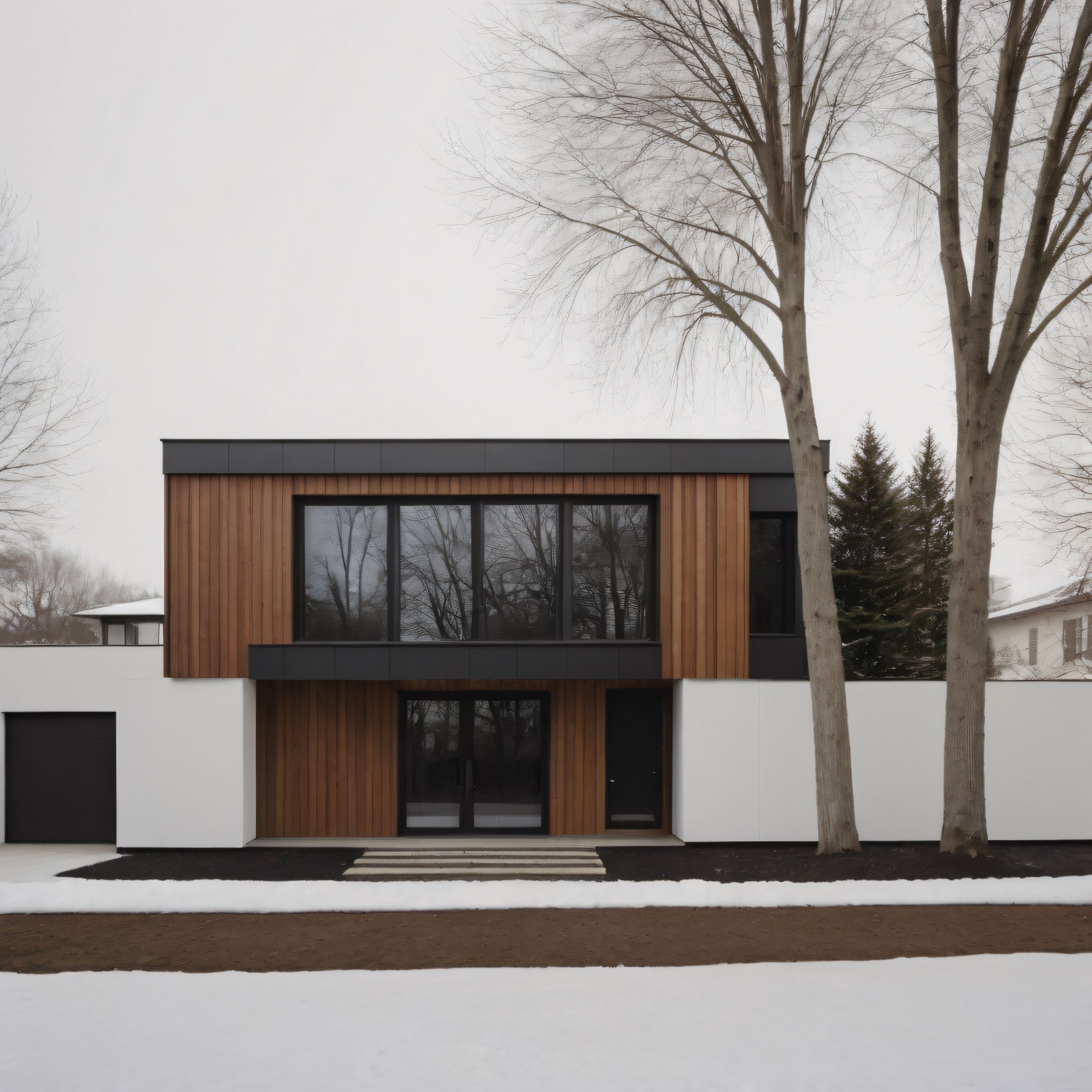 Kış Manzarasında Modern Ahşap Cepheli Minimalist Villa Tasarımı