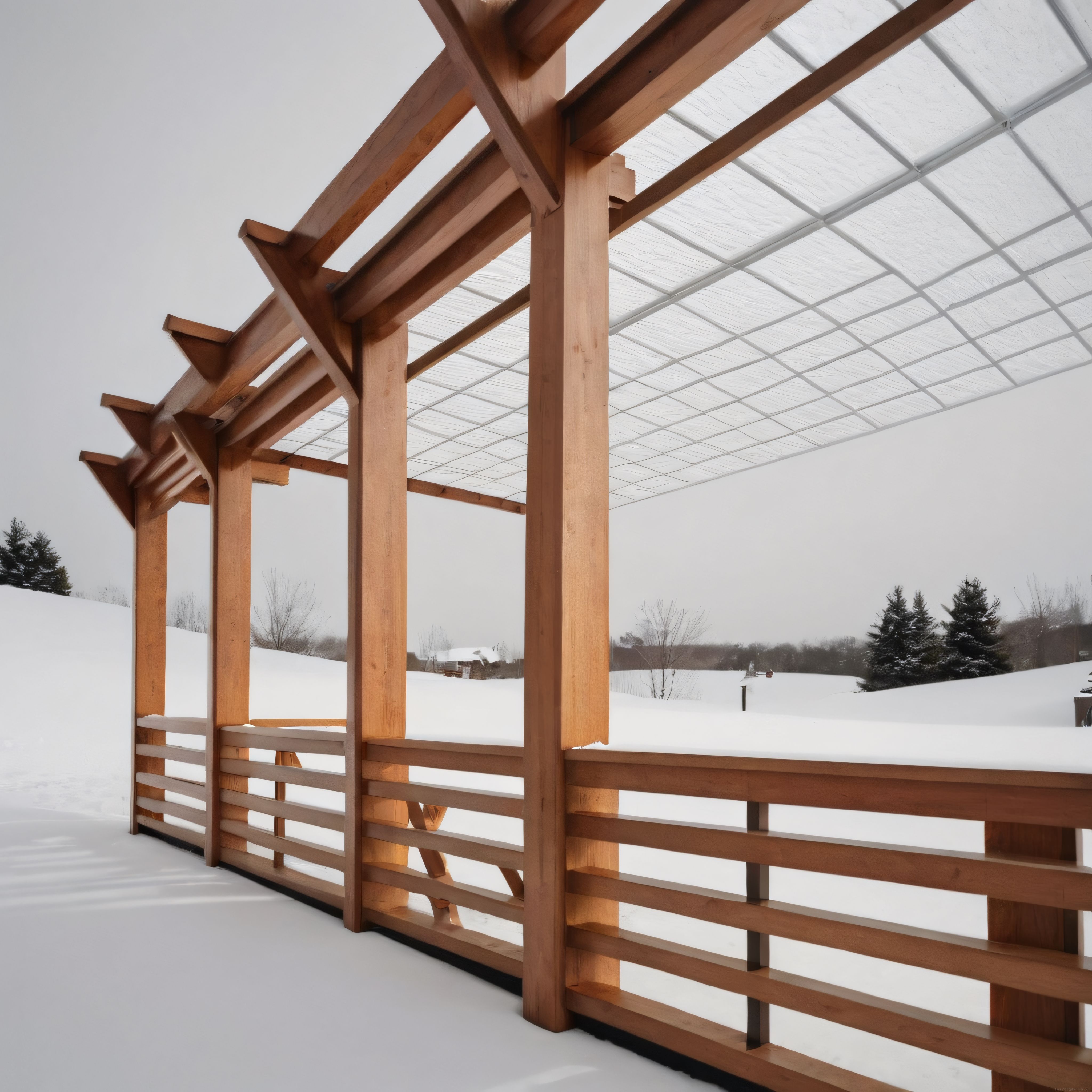 Kış Manzarasında Modern Ahşap Pergola ve Şeffaf Çatılı Minimalist Mimari