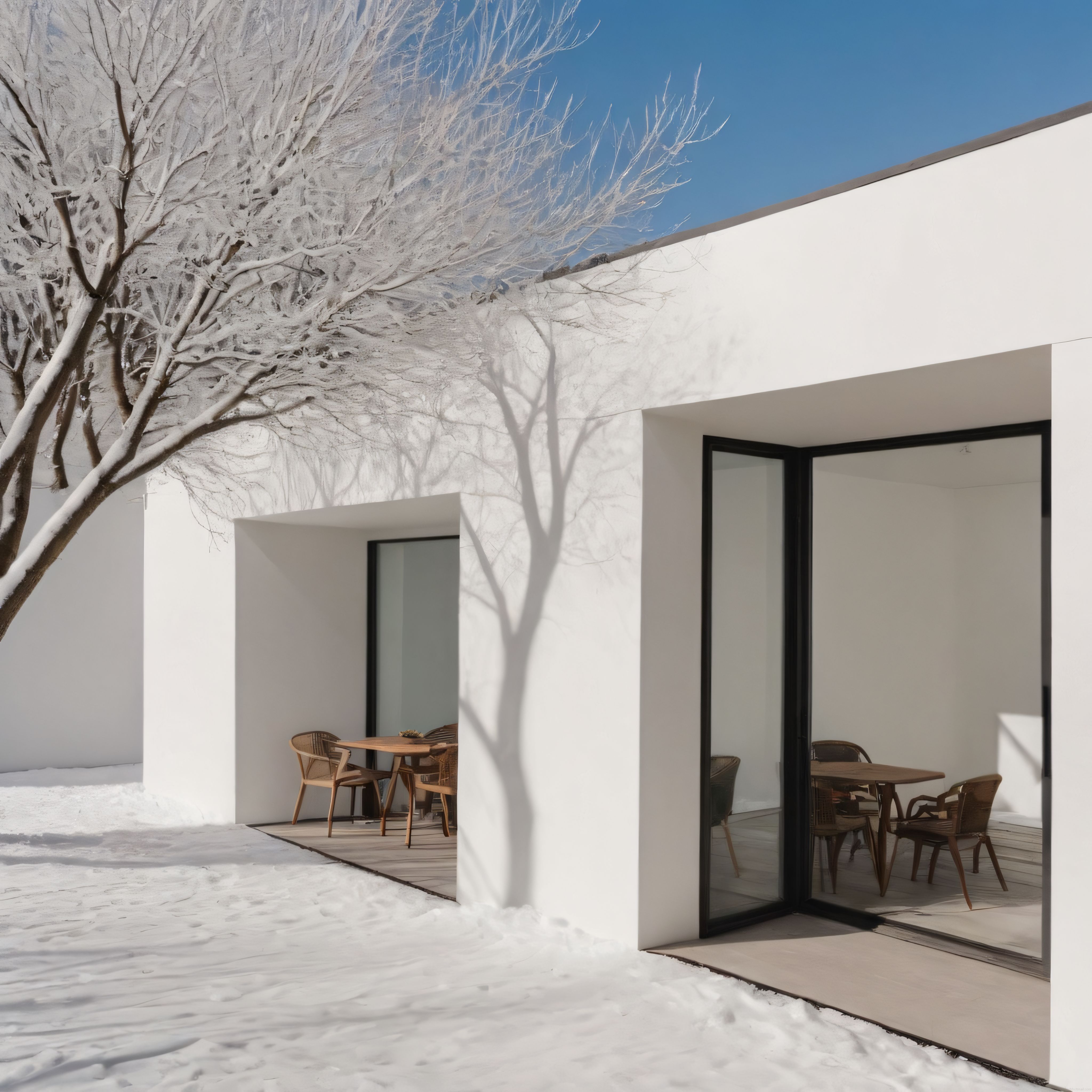 Kış Mevsiminde Karla Kaplı Minimalist Beyaz Villa ve Ağaç Gölgeleri