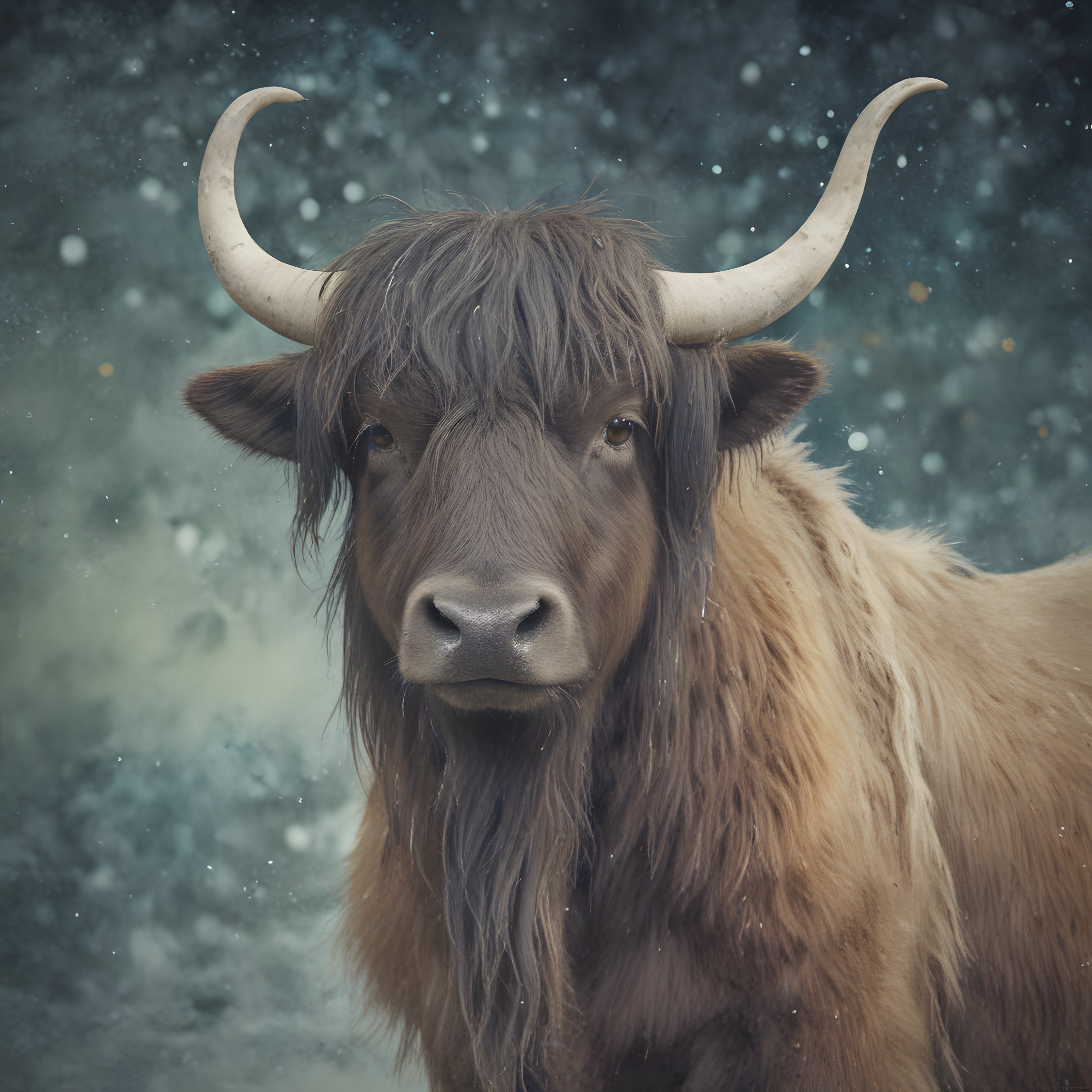 Kış Mevsiminde Uzun Tüylü ve Büyük Boynuzlu Highland Sığırı Portresi