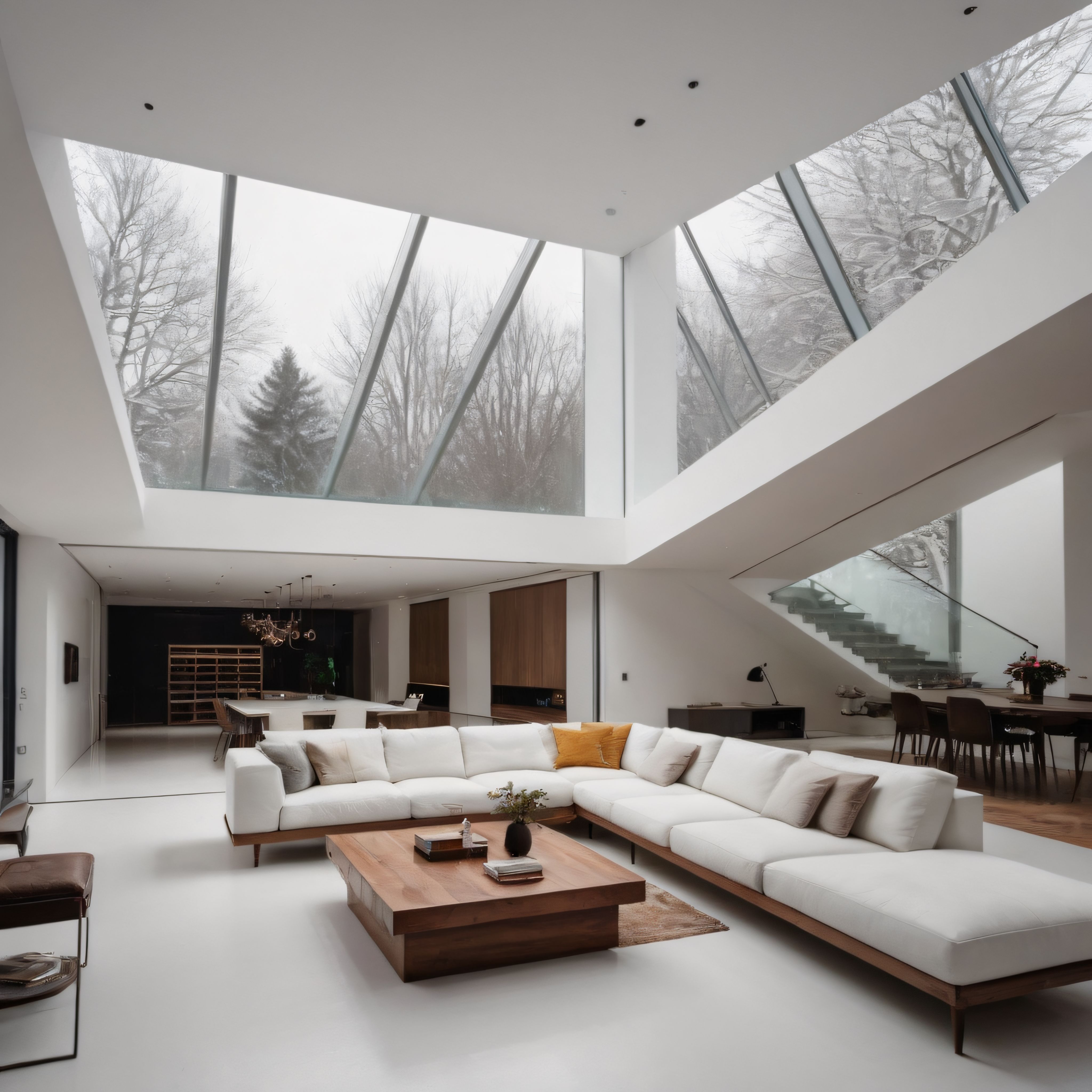 Kış Ormanı Manzaralı Lüks ve Minimalist Yaşam Odası Tasarımı