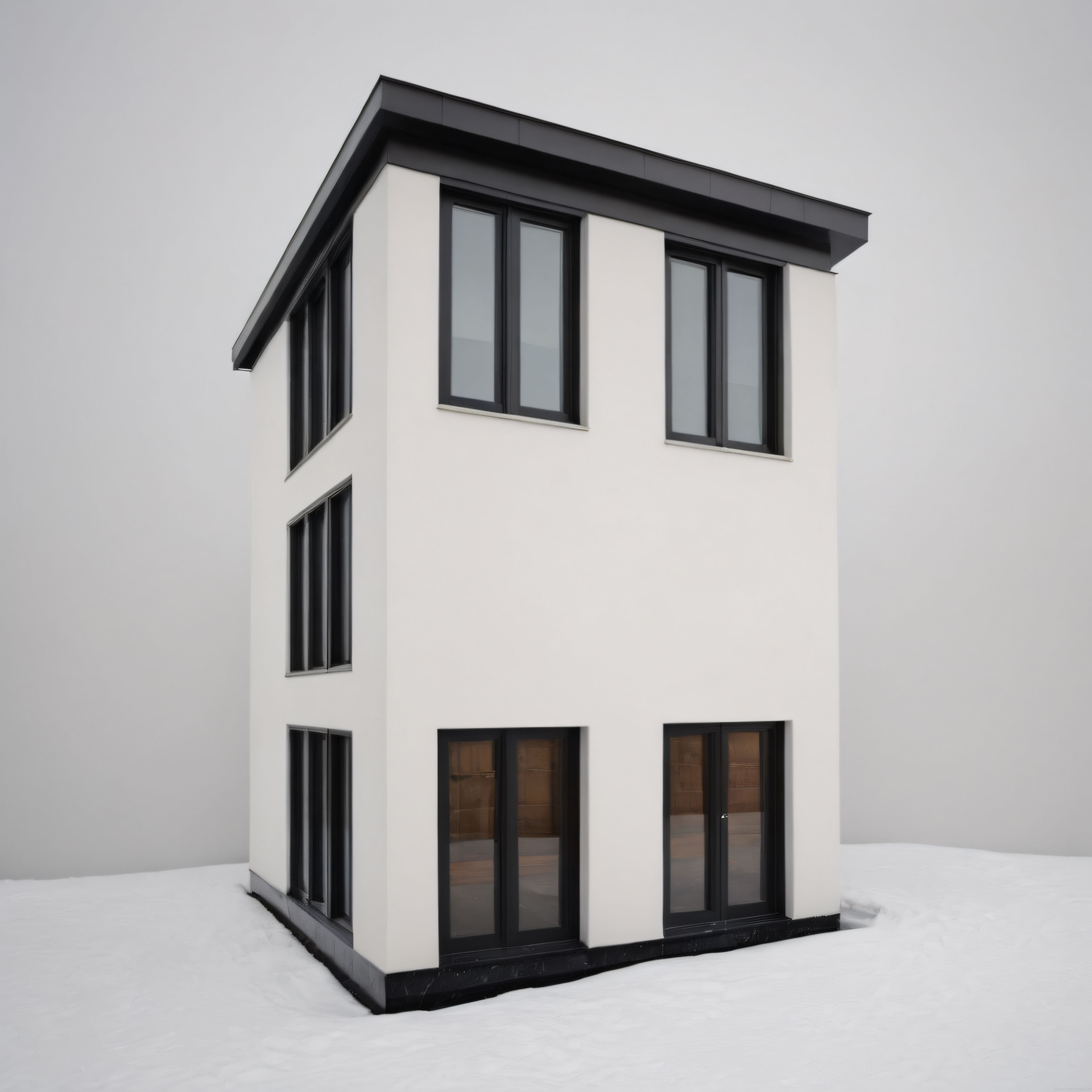 Kış Panoramasında Siyah Beyaz Kontrastlı Modern Minimalist Ev Cephesi