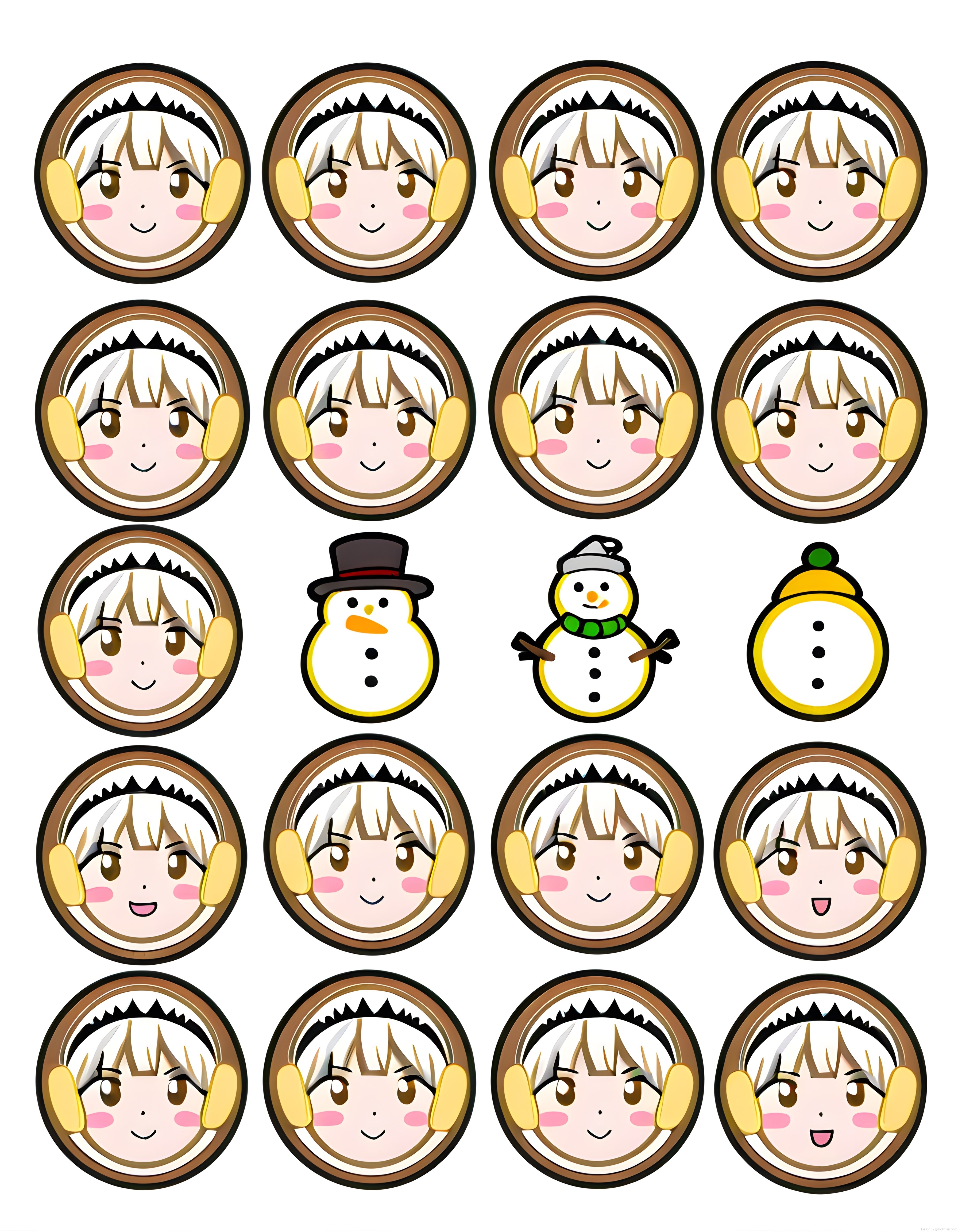 Kış Temalı Sevimli Anime Karakter ve Kardan Adam Yuvarlak Sticker Seti