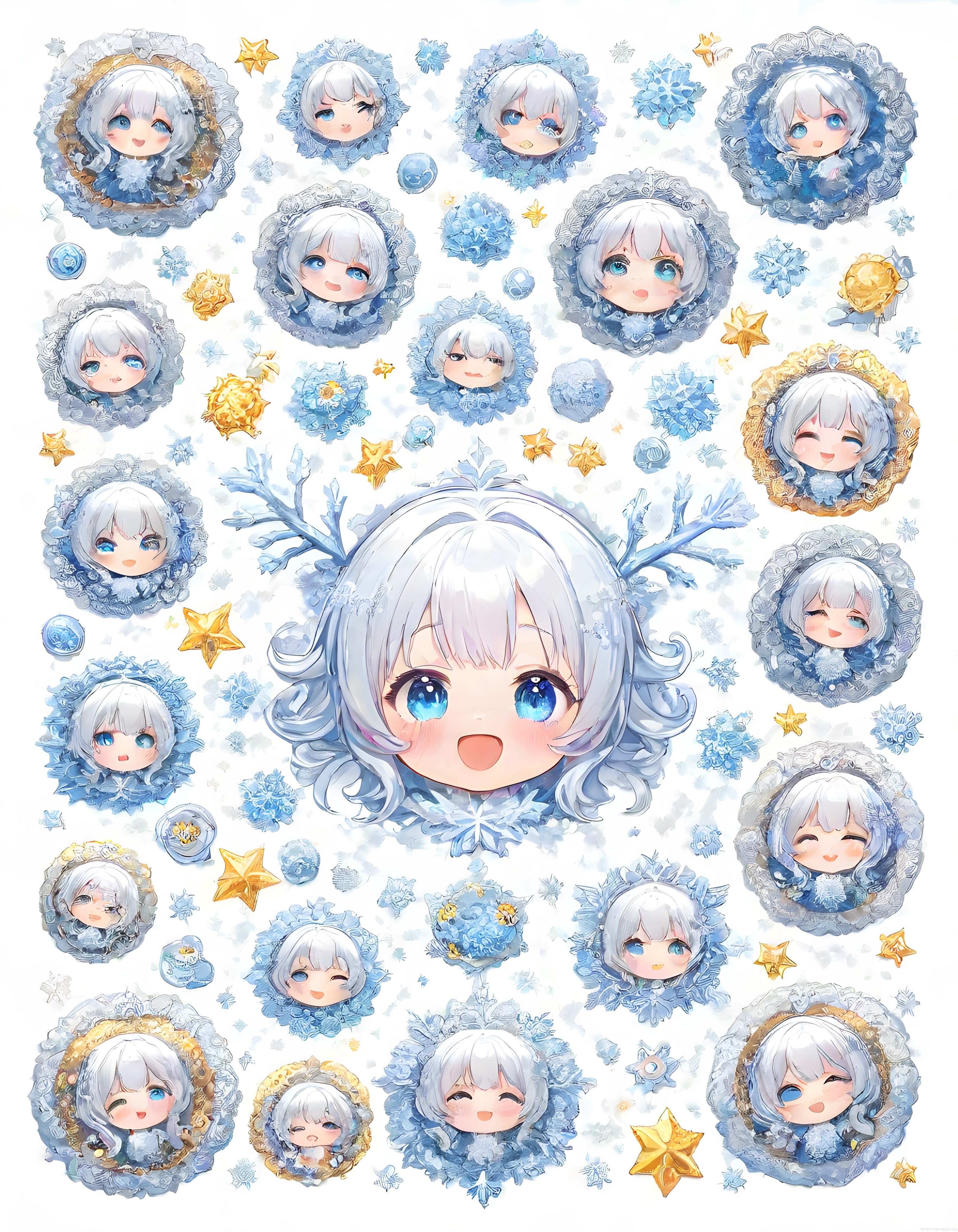 Kış Temalı Sevimli Chibi Anime Karakter Yüzleri ve Dekoratif Çiçek Çerçeveleri