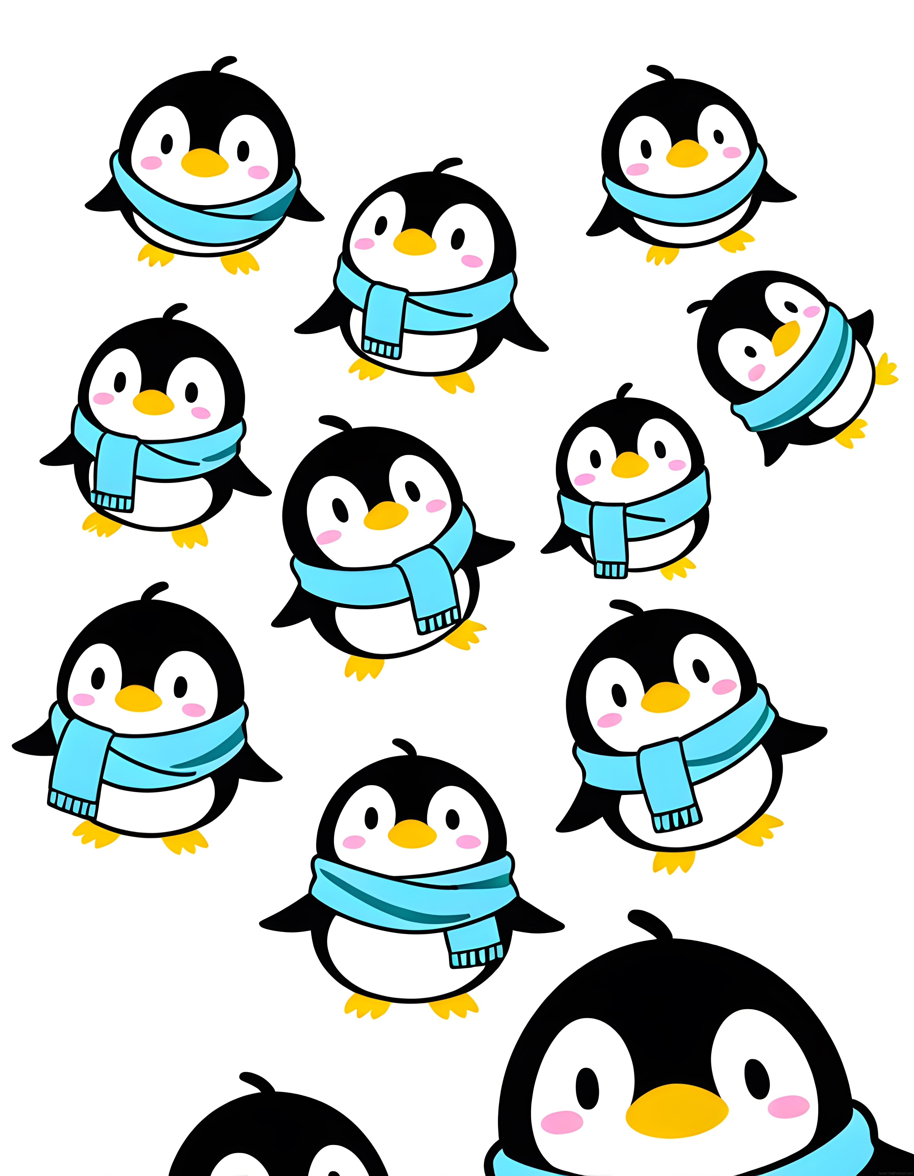 Kış Temalı Sevimli Penguen Deseni: Mavi Atkılı Karikatür Karakterler Dijital İllüstrasyon