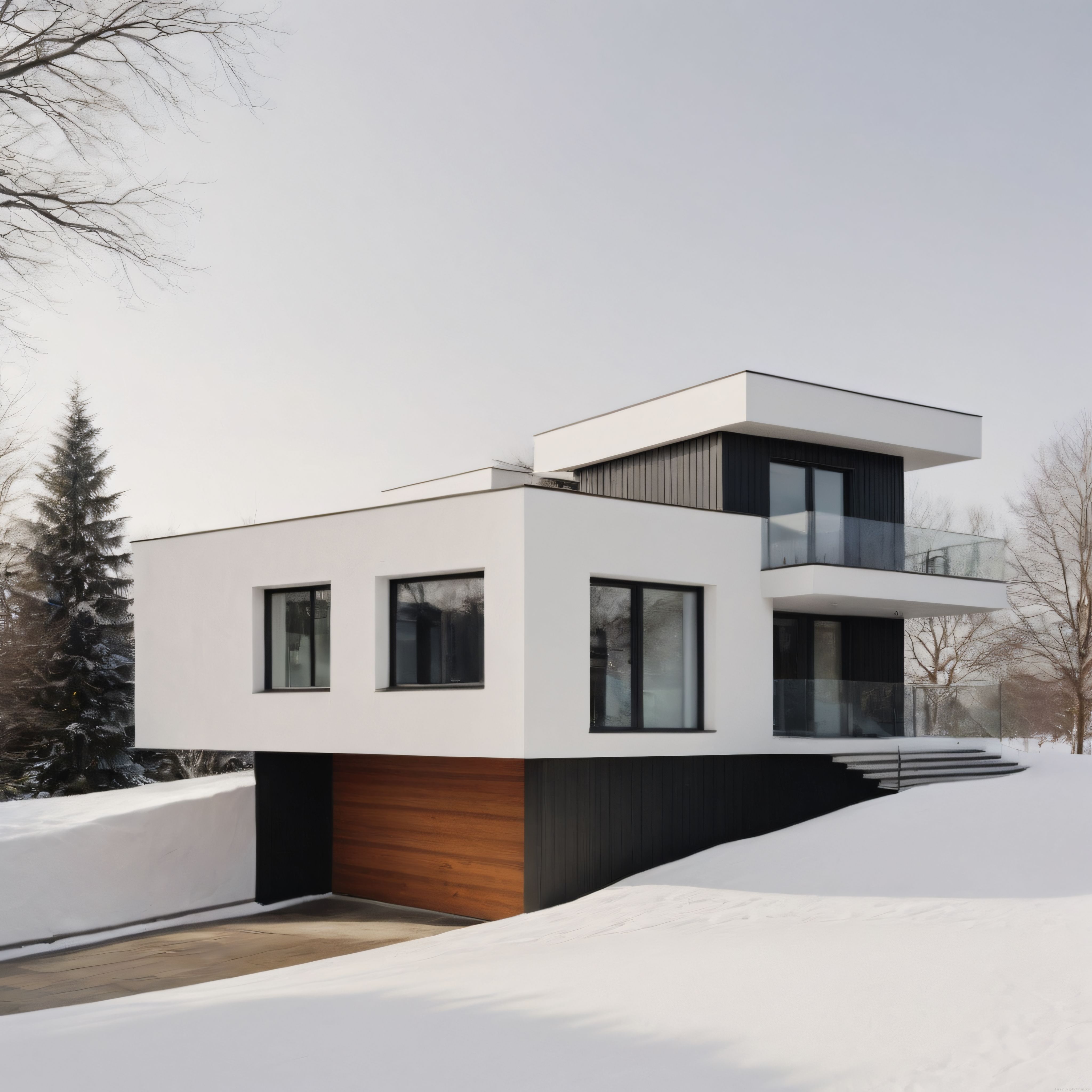 Kışın Beyaz Örtüsü Üzerinde Yükselen Modern Villa ve Minimalist Mimarisi