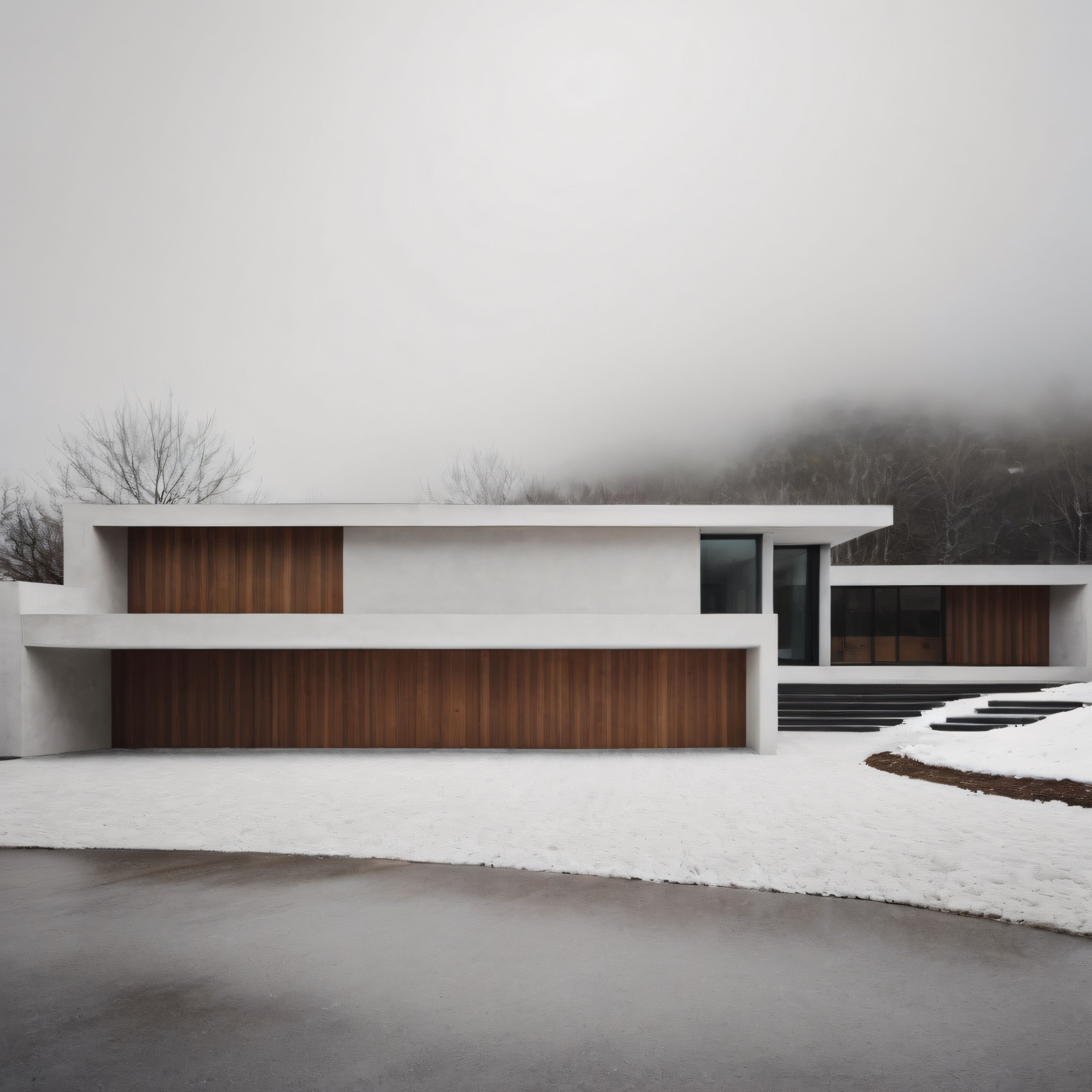 Kışın Beyazına Bürünmüş Modern Minimalist Villa ve Etrafındaki Sisli Orman