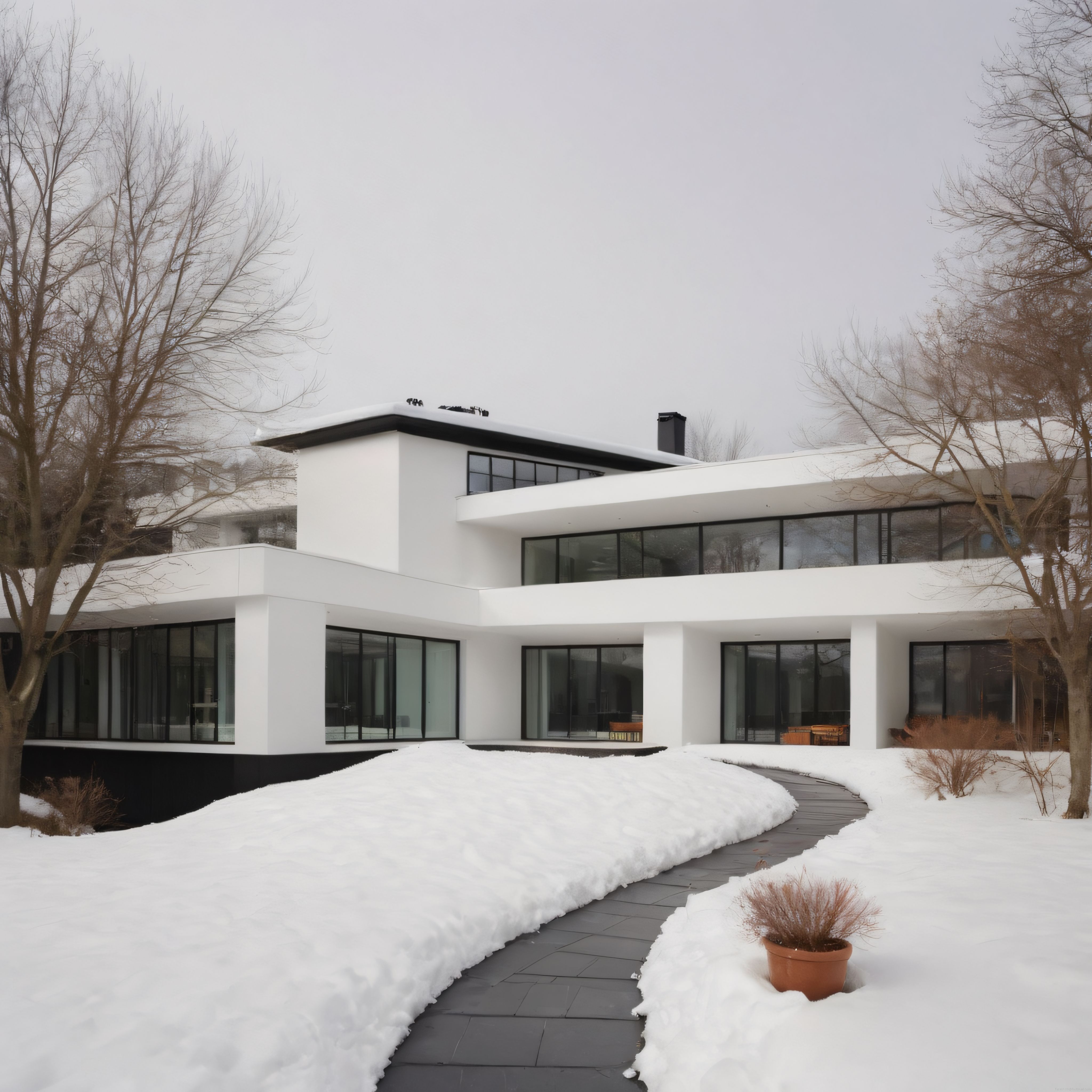 Kışın Beyazlar İçinde Modern Villa, Minimalist Mimari ve Kar Manzarası