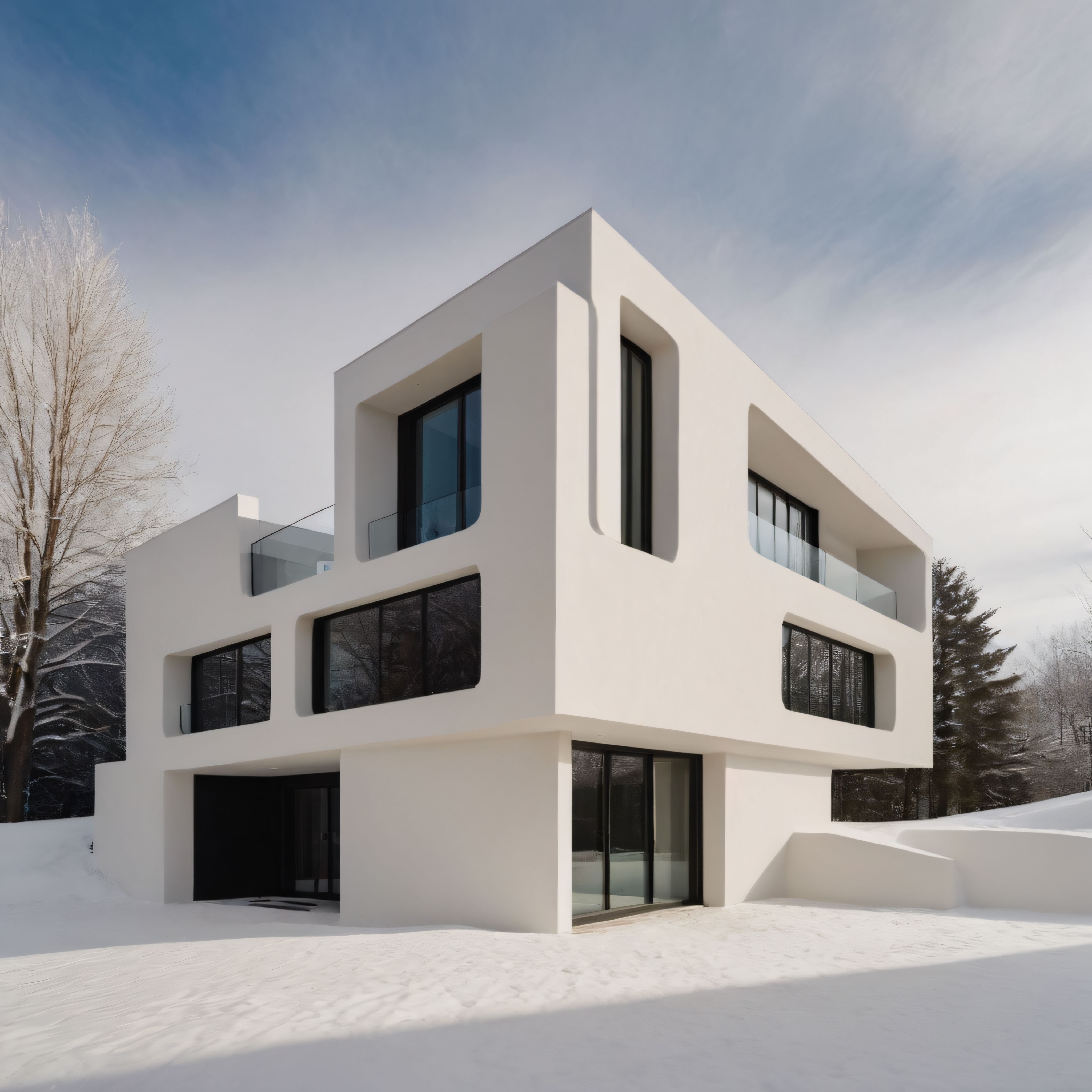 Kışın Büyüleyici Atmosferinde Modern ve Minimalist Beyaz Villa Tasarımı