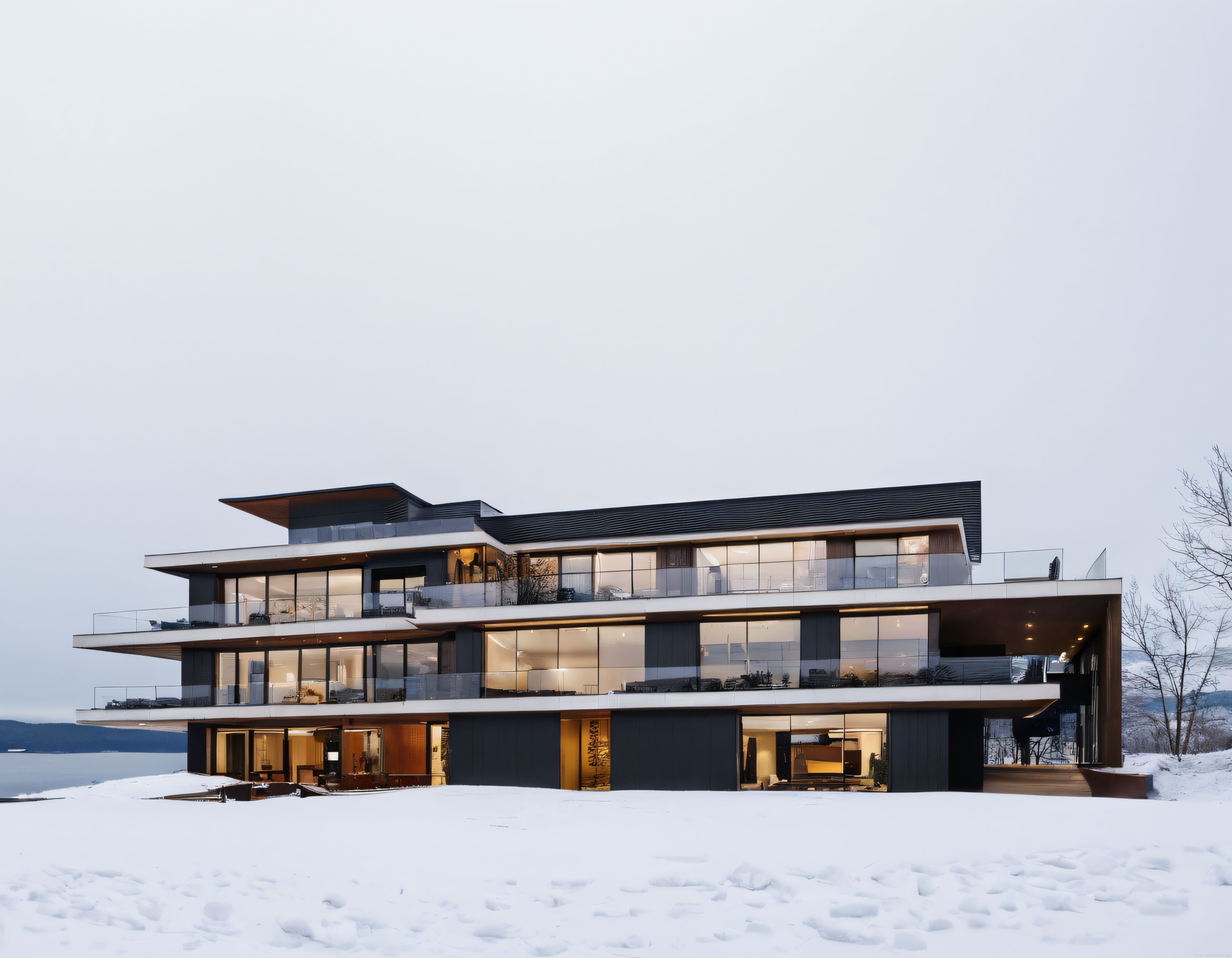 Kışın Büyüleyici Havasıyla Modern Lüks Villa ve Karlı Dağ Manzarası