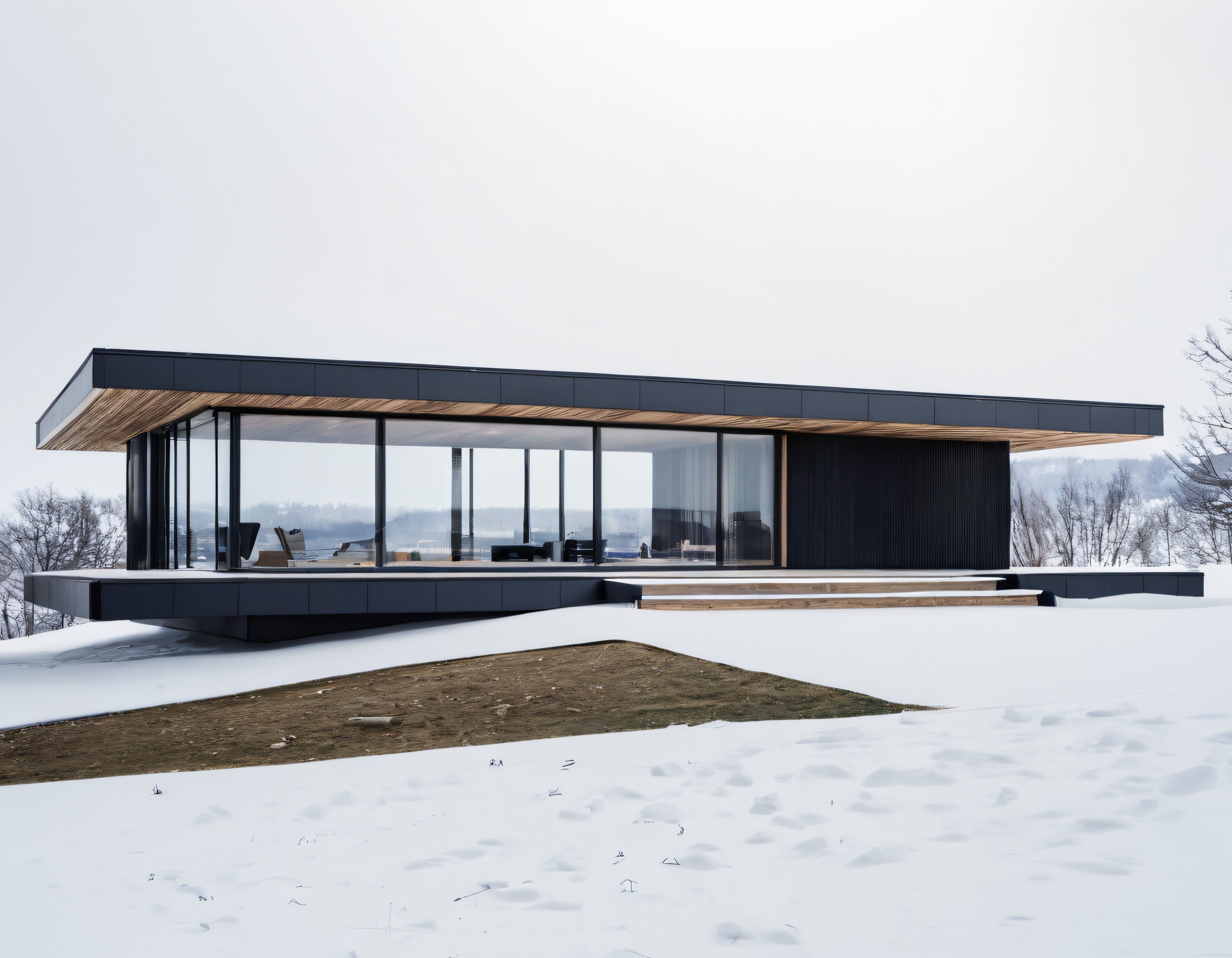 Kışın Eşsiz Güzelliğinde Karlı Ormanın İçinde Yer Alan Modern Minimalist Cam Villa