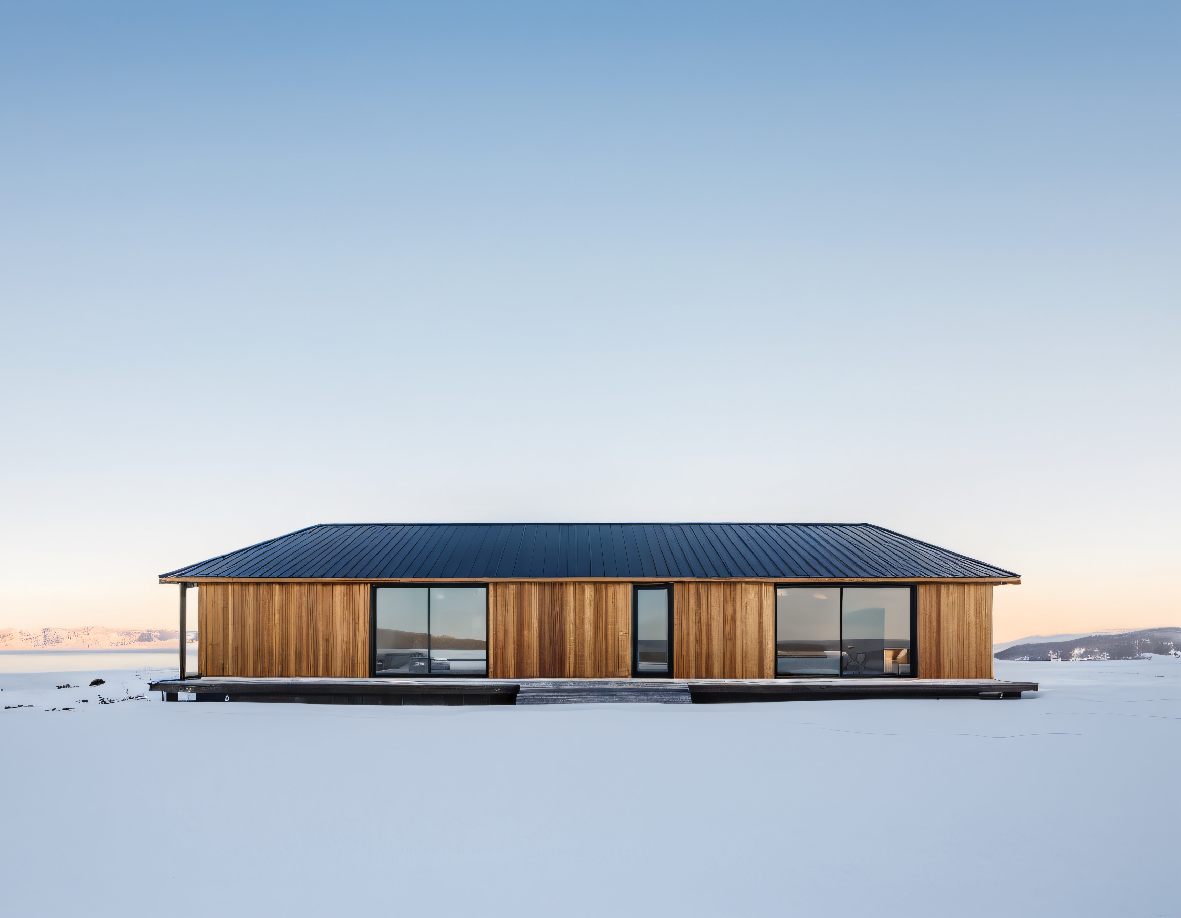 Kışın Göl Kenarında Yer Alan Minimalist Ahşap Cepheli Modern Ev Görüntüsü