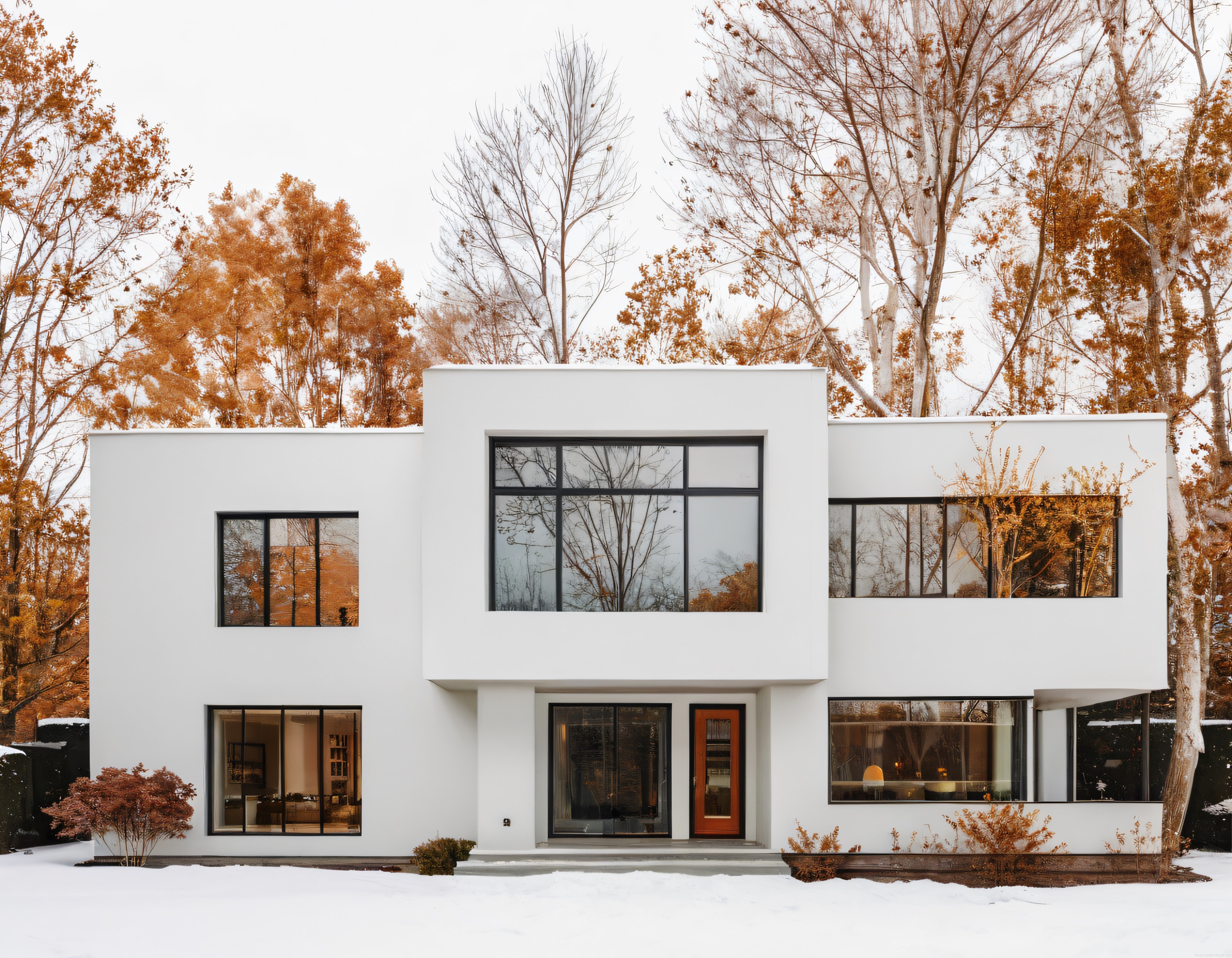 Kışın İçinde Sonbahar Renkleriyle Çevrili Modern Minimalist Beyaz Villa