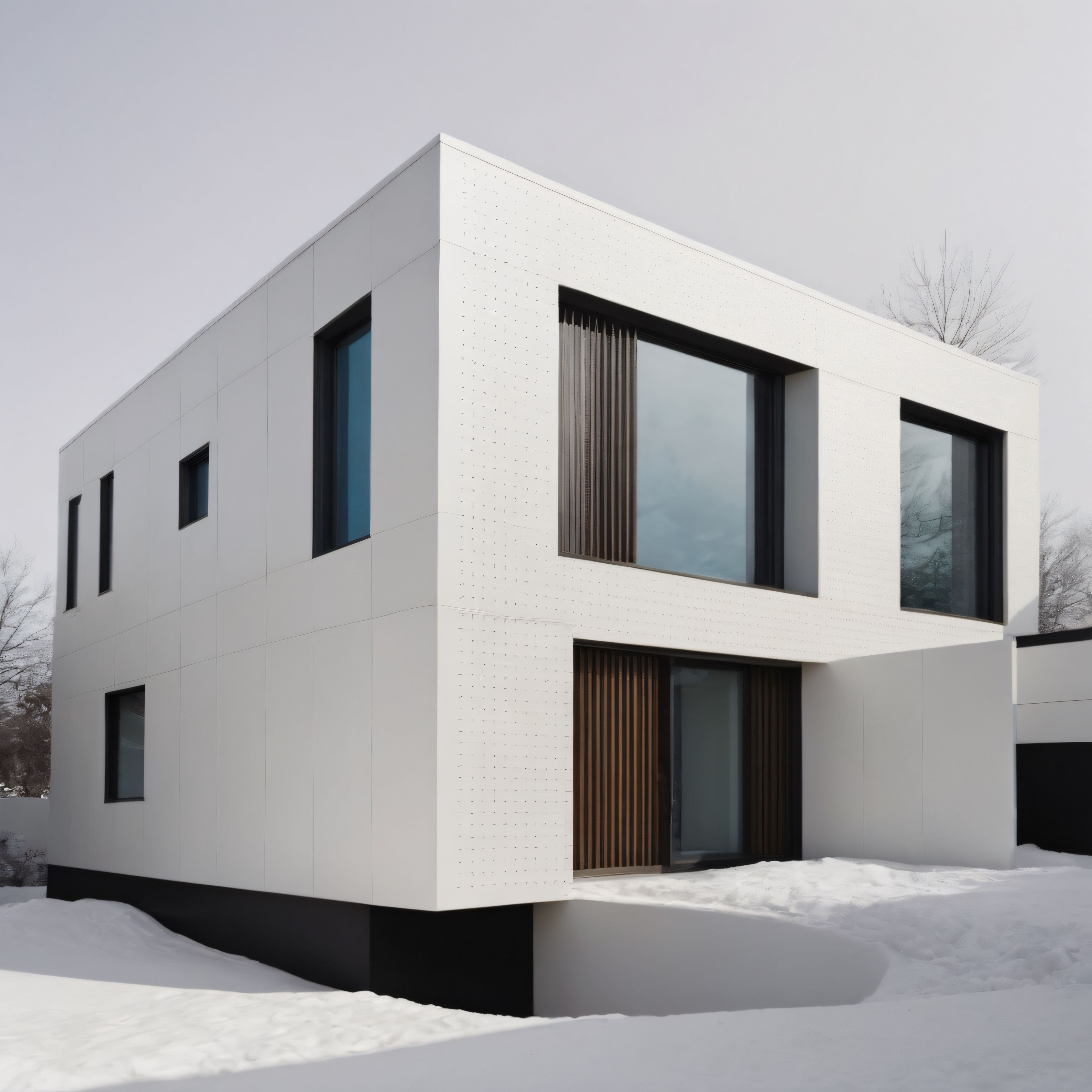 Kışın Karlar Arasındaki Modern ve Minimalist Beyaz Villa Tasarımı