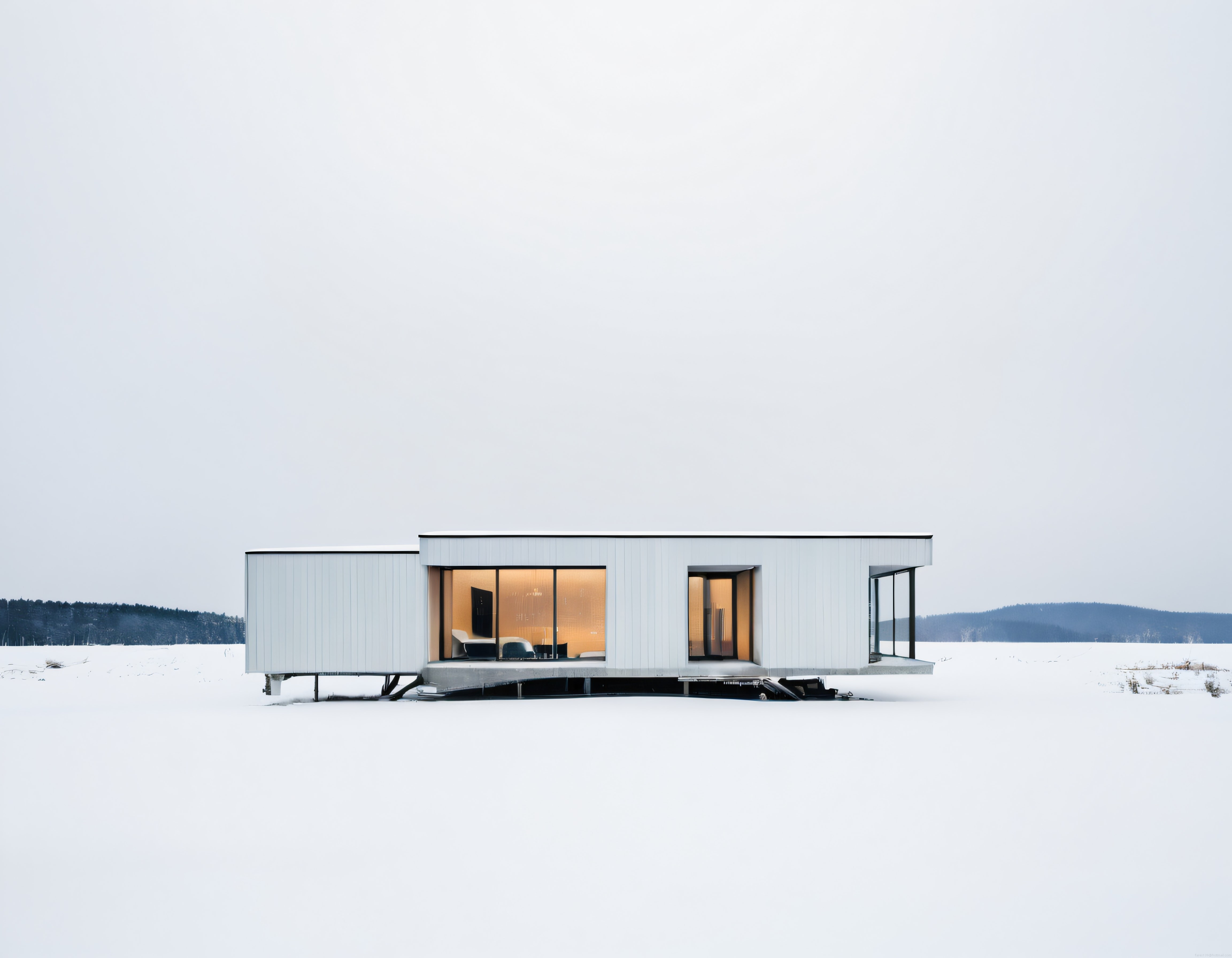 Kışın Karlı Arazide Isıtan Işıklarıyla Modern ve Minimalist Cam Ev