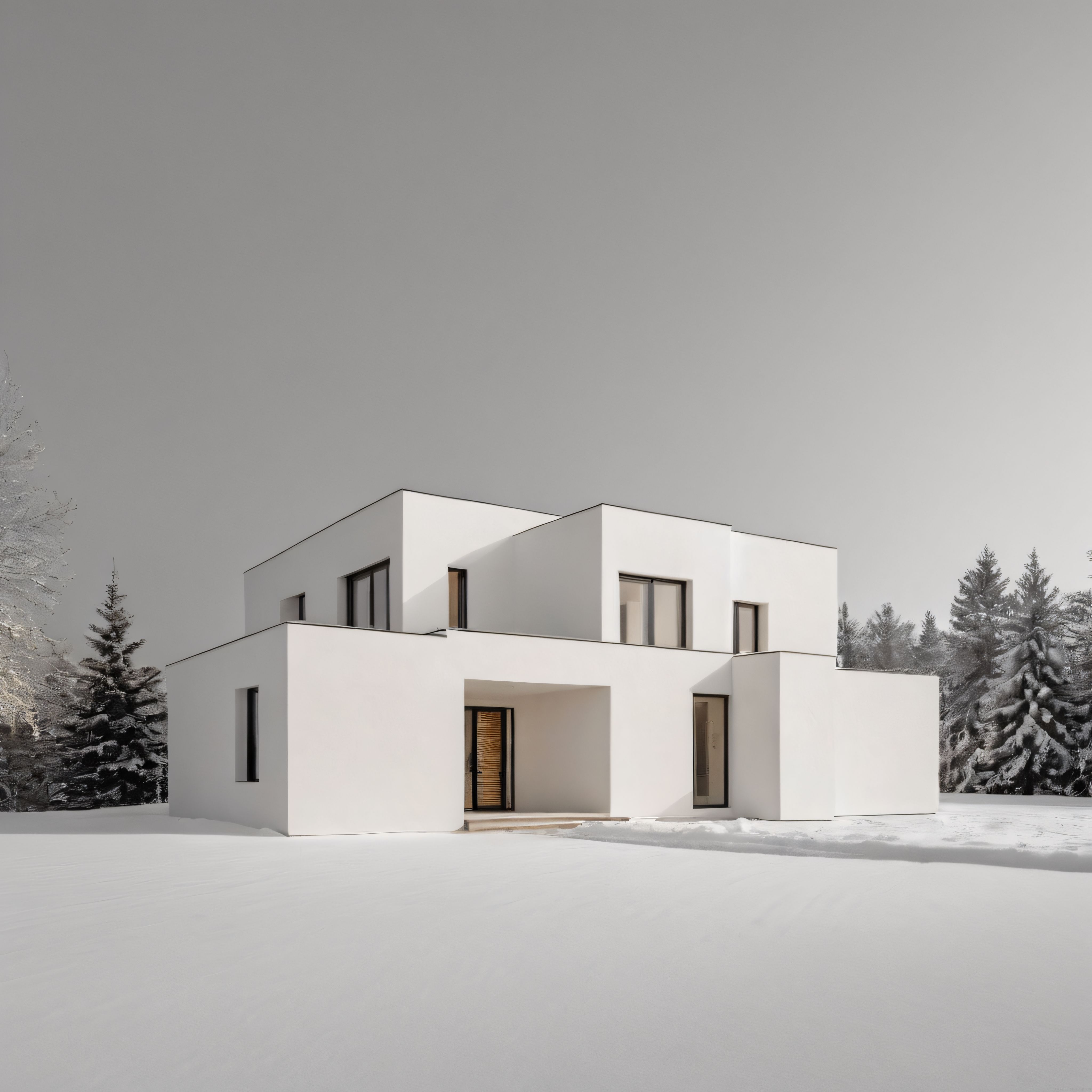 Kışın Karlı Ormanda Beyaz Kübik Modern Villa ve Çağdaş Mimari