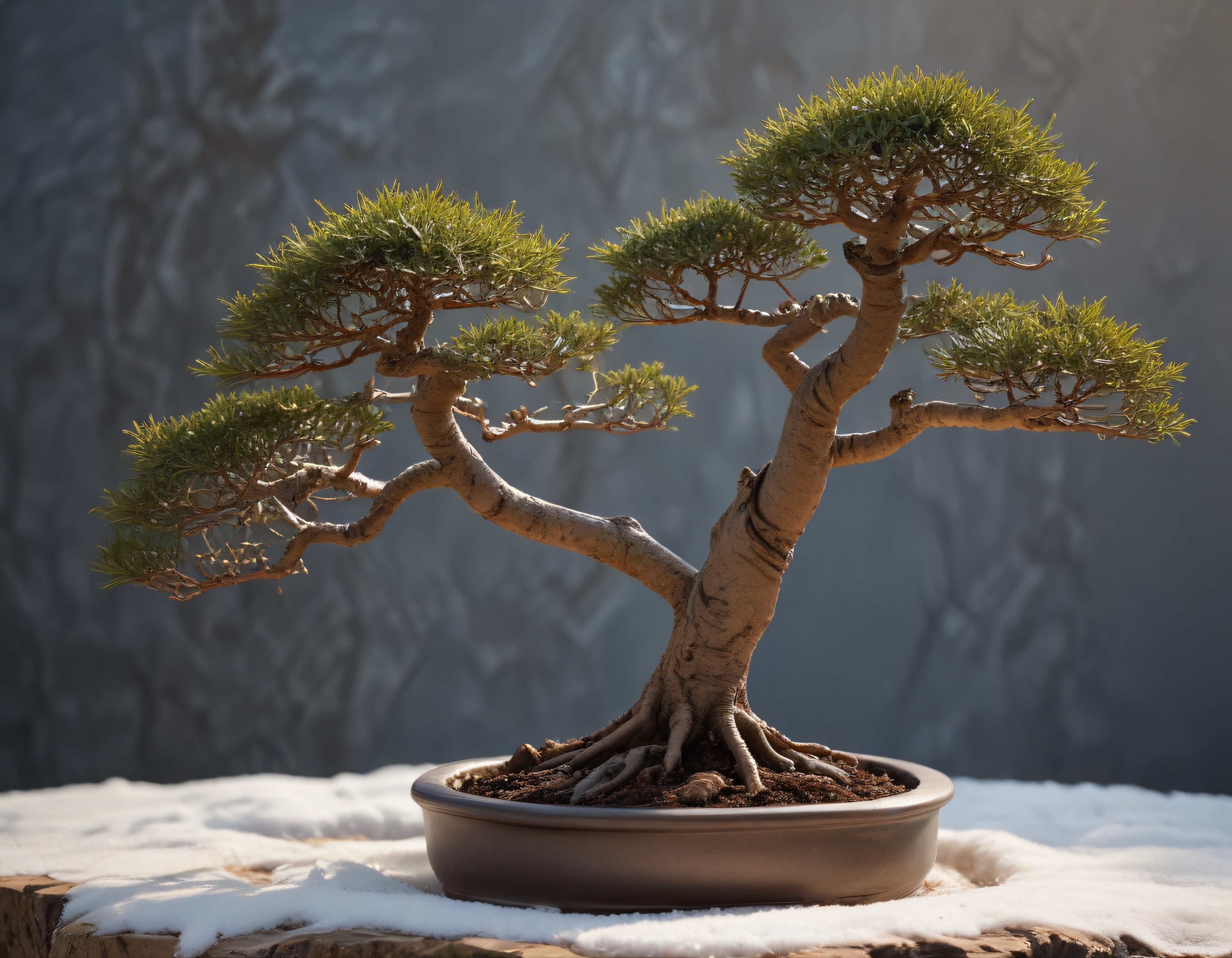 Kışın karlı ortamda sergilenen geleneksel bonsai sanatı eseri çam ağacı