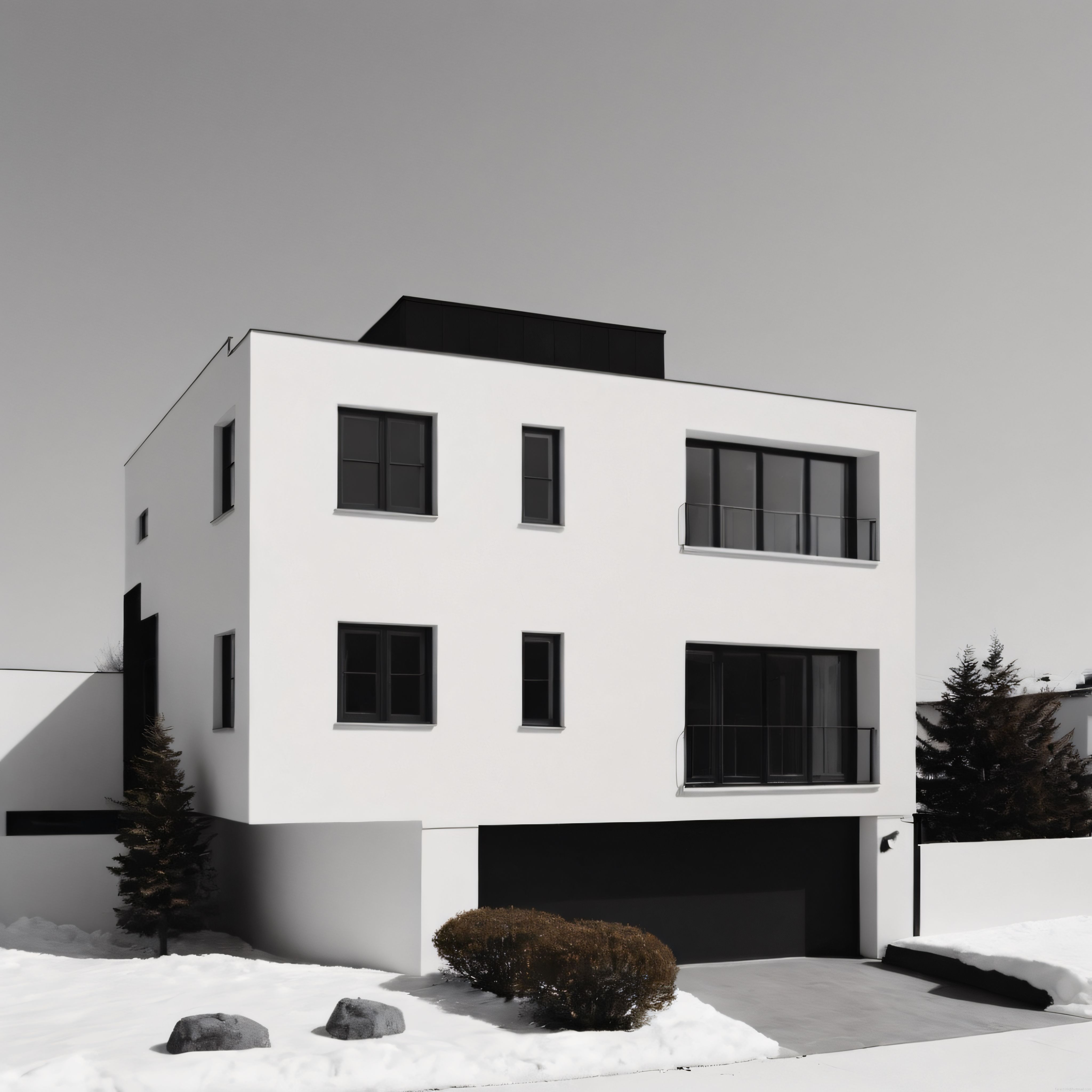 Kışın Modern Minimalist Villa: Siyah Beyaz Geometrik Cephe ve Karlı Bahçe Manzarası