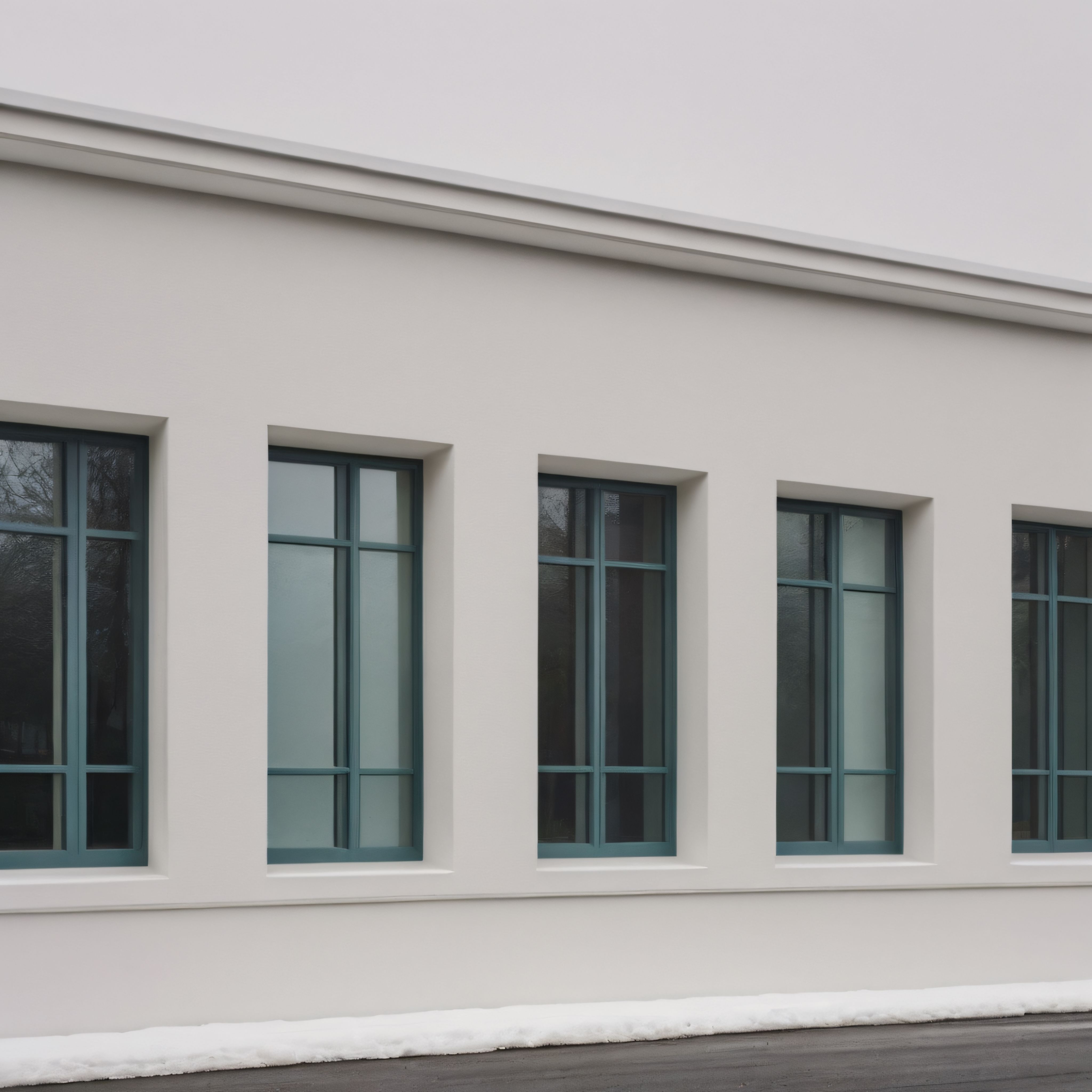 Kışın Sessizliğinde Minimalist Beyaz Bina ve Yeşil Çerçeveli Pencereler