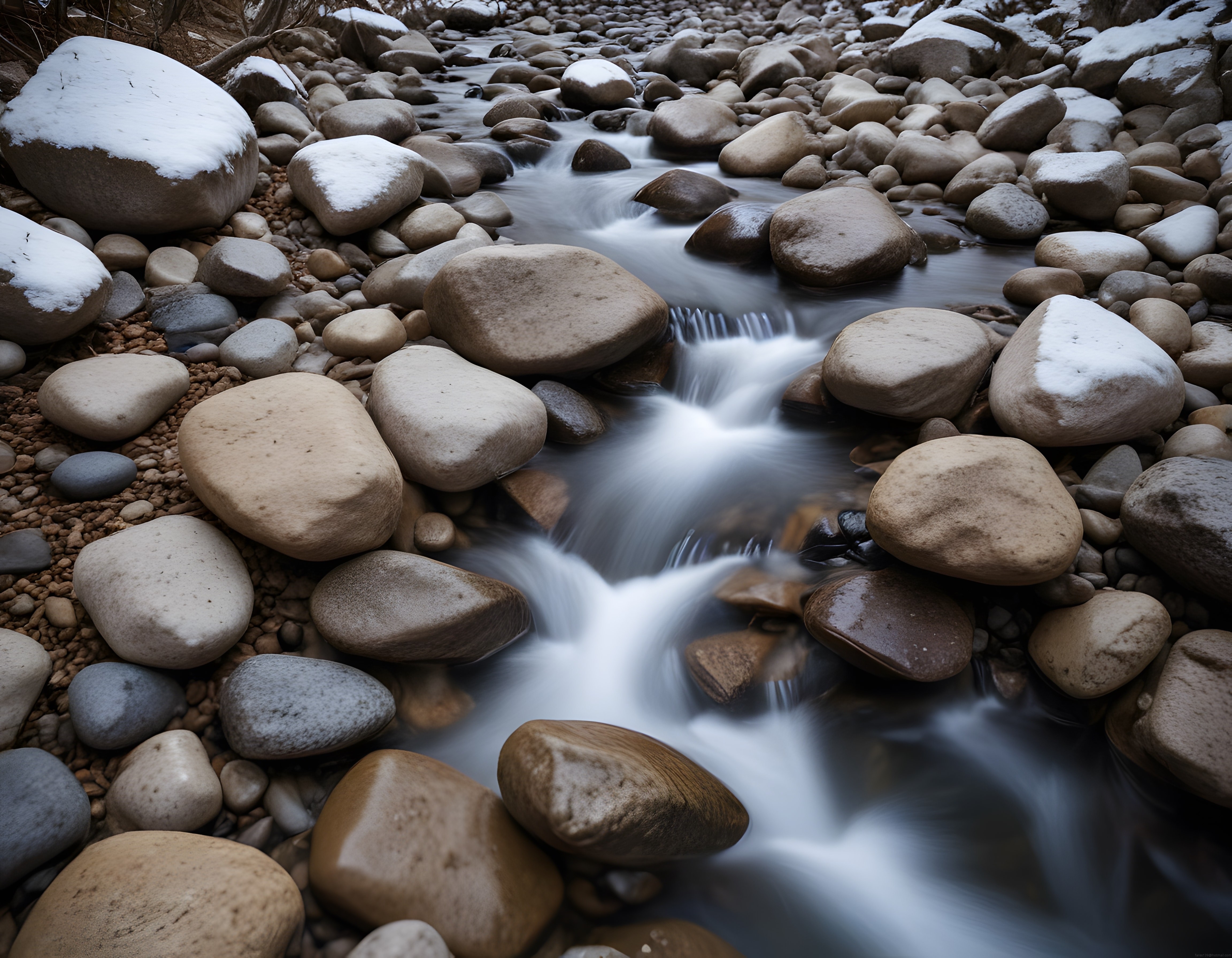 Kışın Taşlı Bir Dere Yatağında Sakin akan Suyun Huzur Veren Manzarası