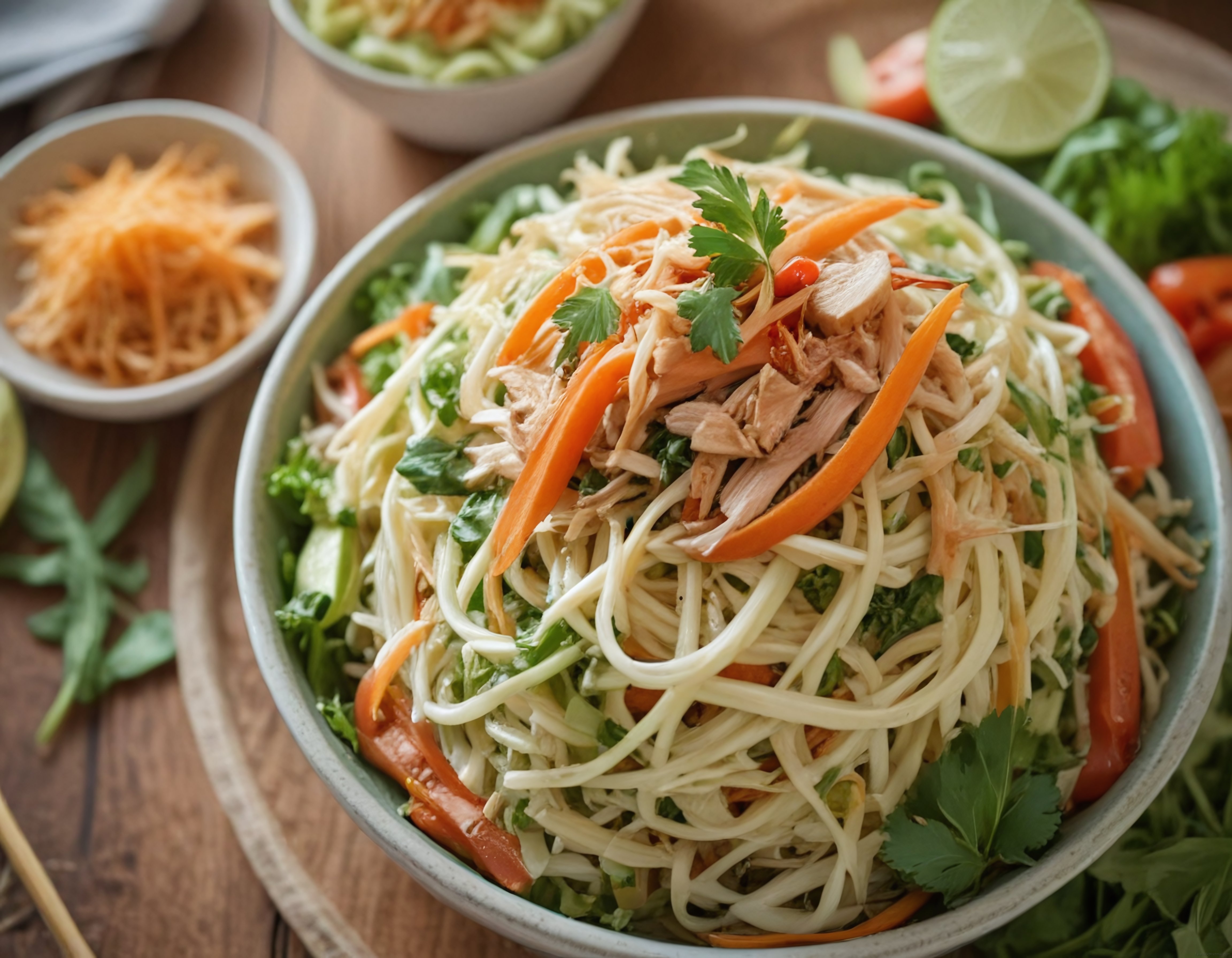 kişniş ve lime ile süslenmiş tavuklu asya usulü erişte salatası