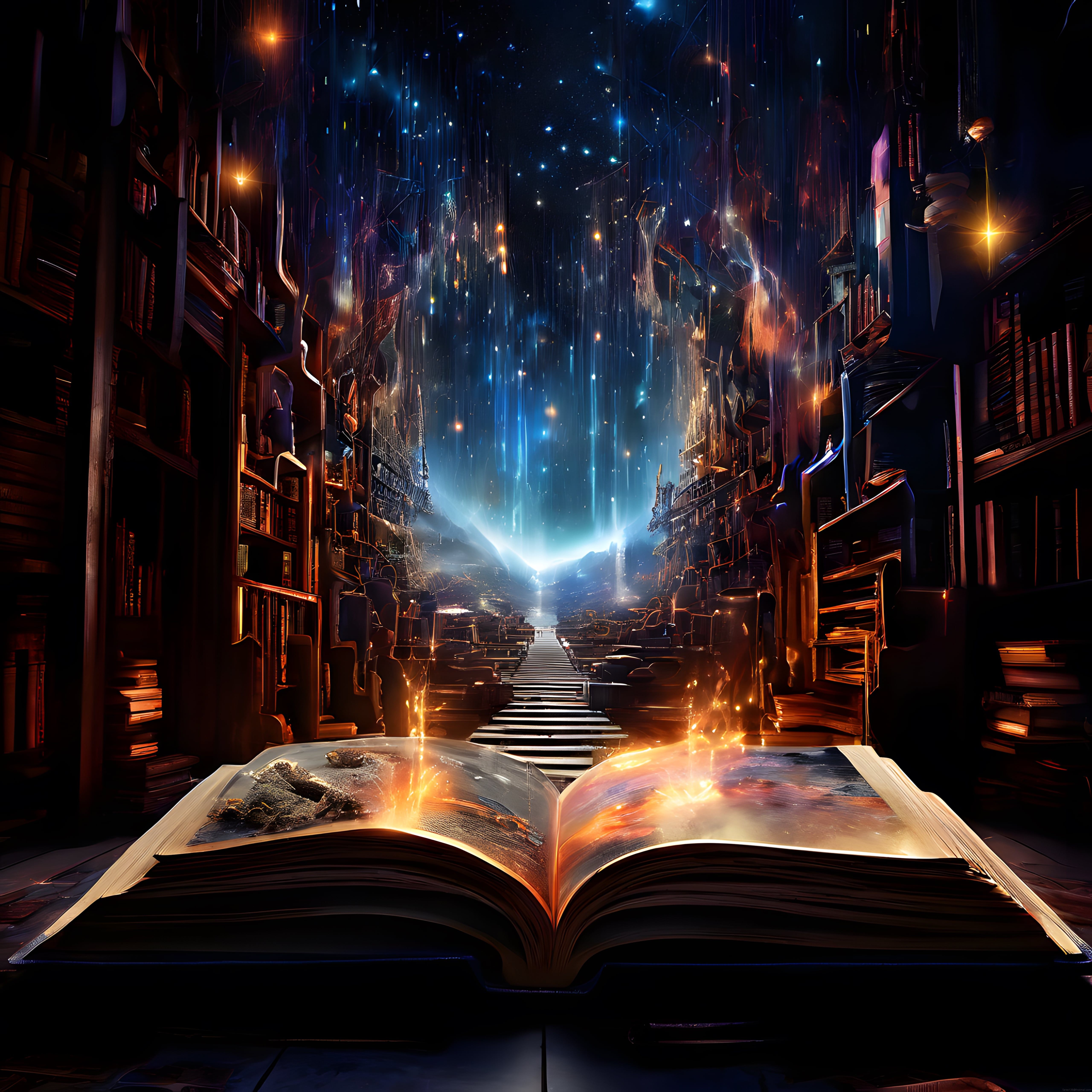 Kitap Sayfalarından Yükselen Büyülü Kütüphane ve Işıltılı Fantastik Merdiven