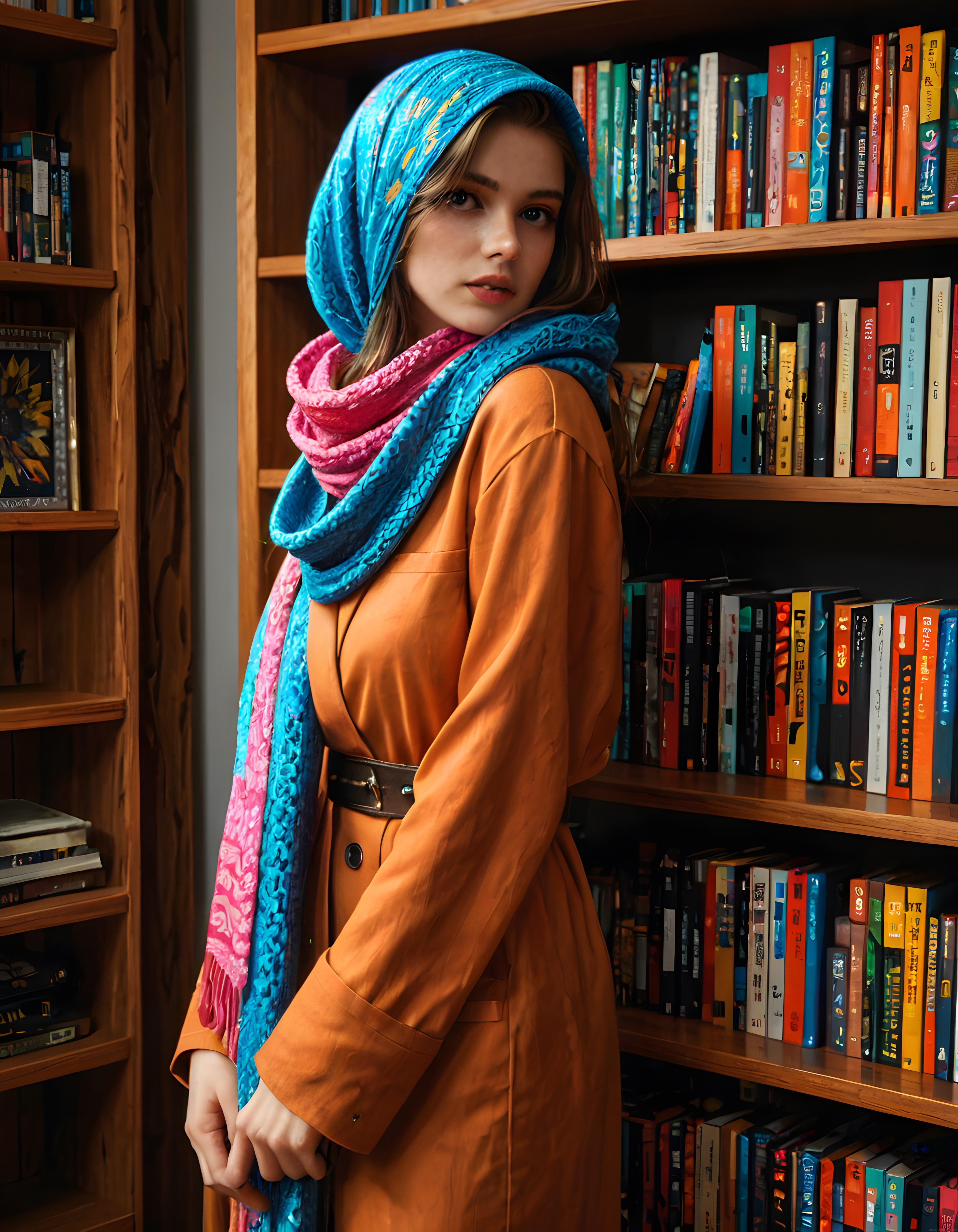 Kitaplıkta Turuncu Trençkot ve Renkli Şallı Genç Kadın Moda Portresi