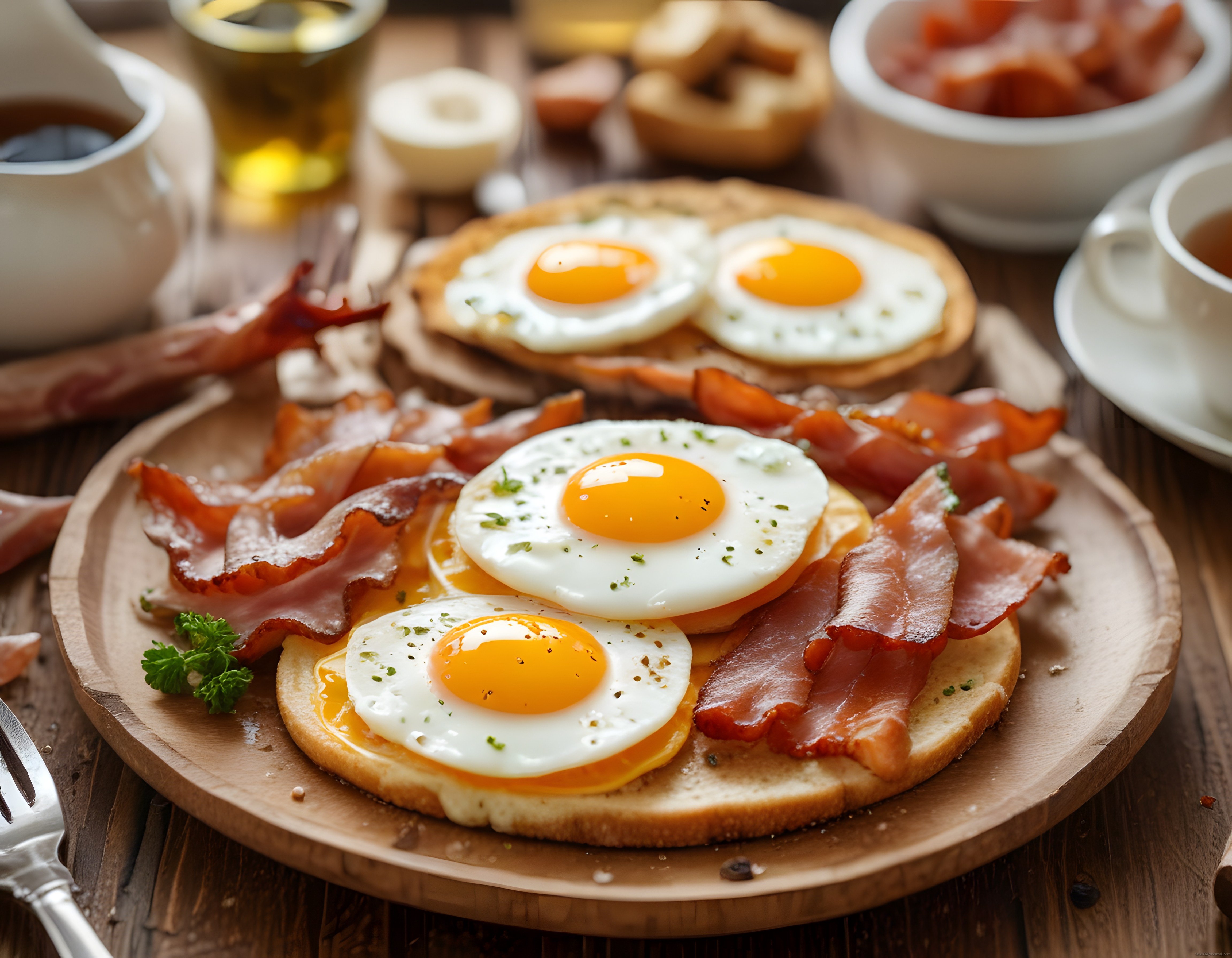 Kıtır Ekmek Üzerinde Yumurta ve Kızarmış Bacon ile Nefis Kahvaltı