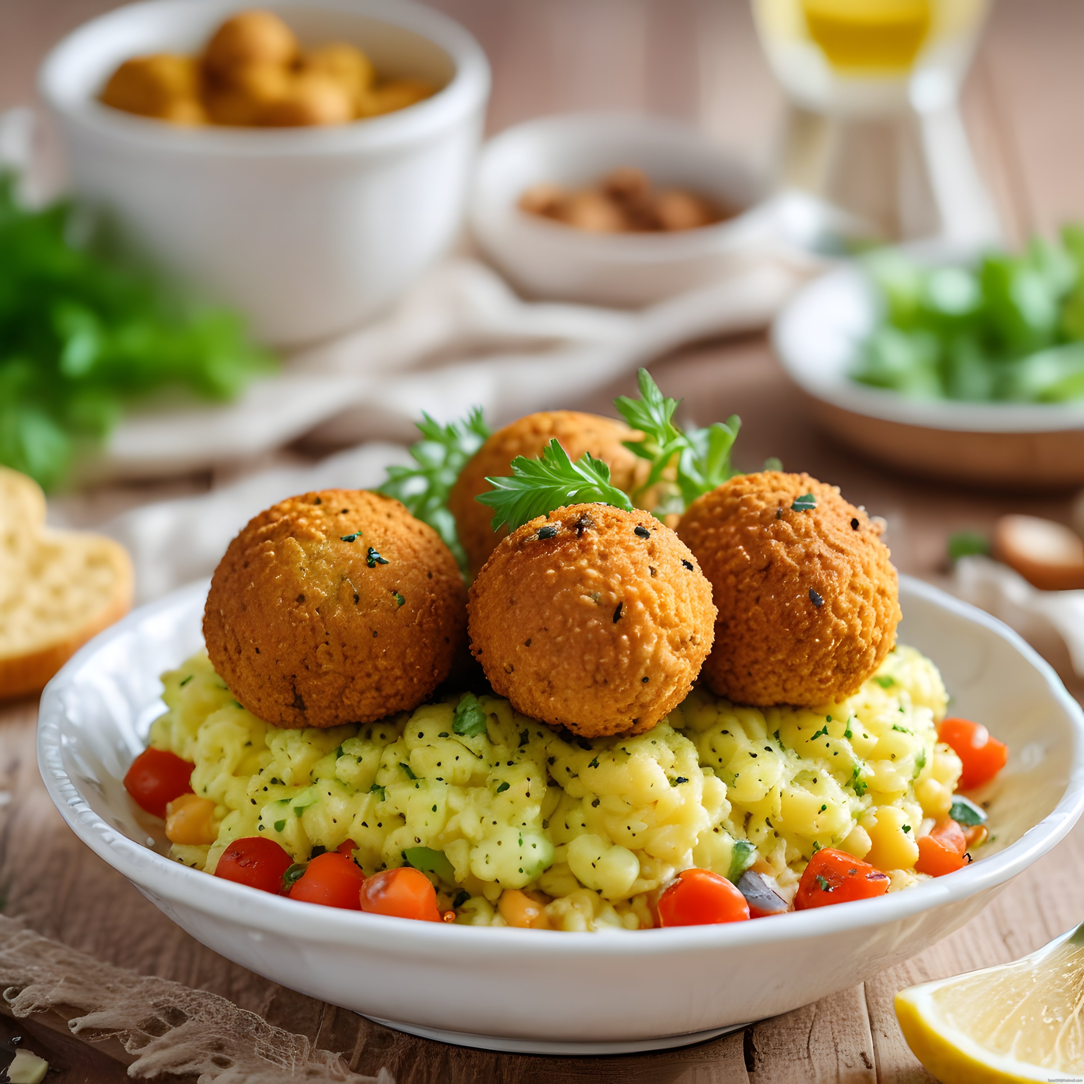 Kıtır falafel topları ile limonlu otlu pirinç pilavı sunumu, taze sebzelerle