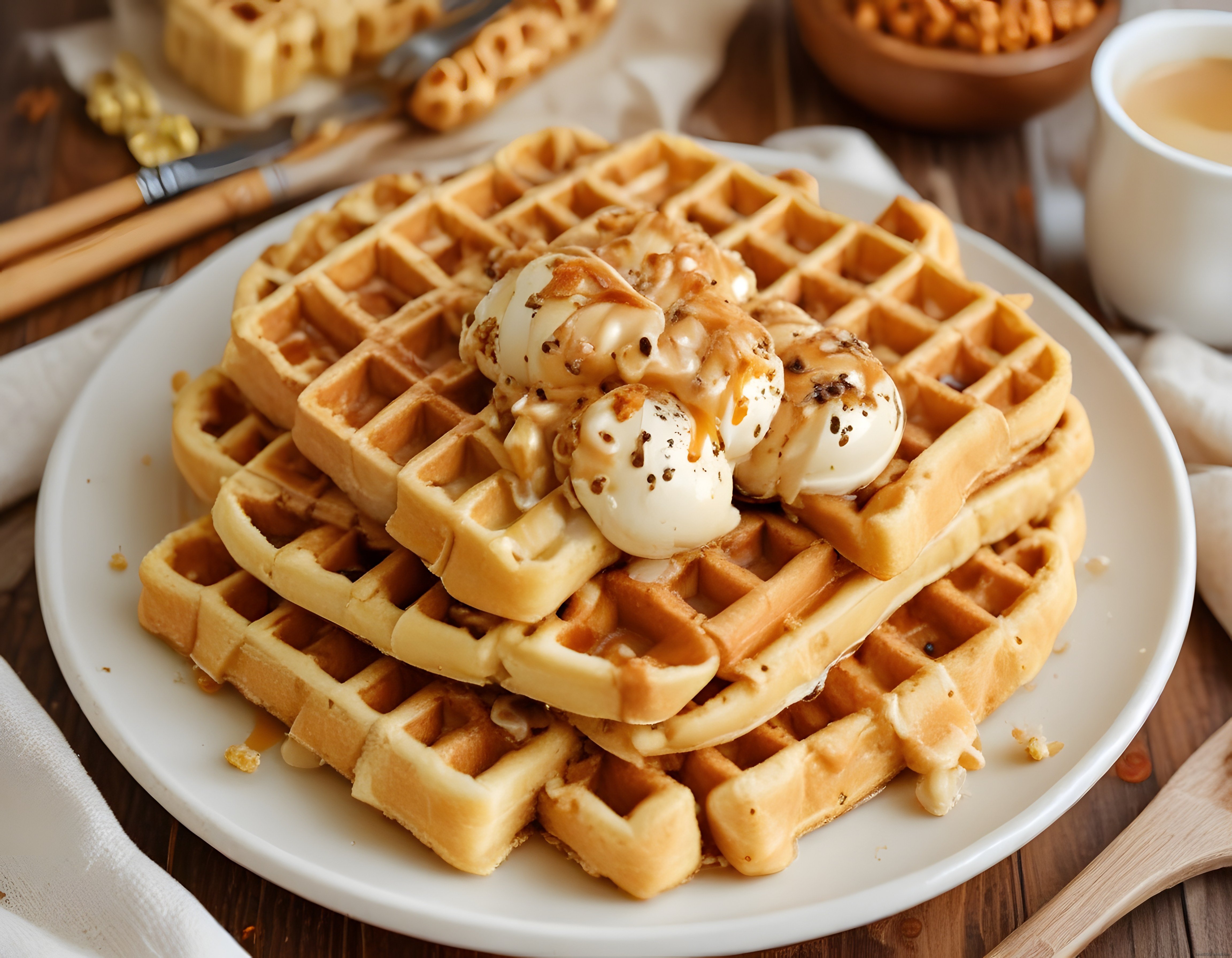 Kıtır Kıtır Ev Yapımı Waffle Üzerinde Dondurma ve Karamel Sos ile Tatlı Keyfi