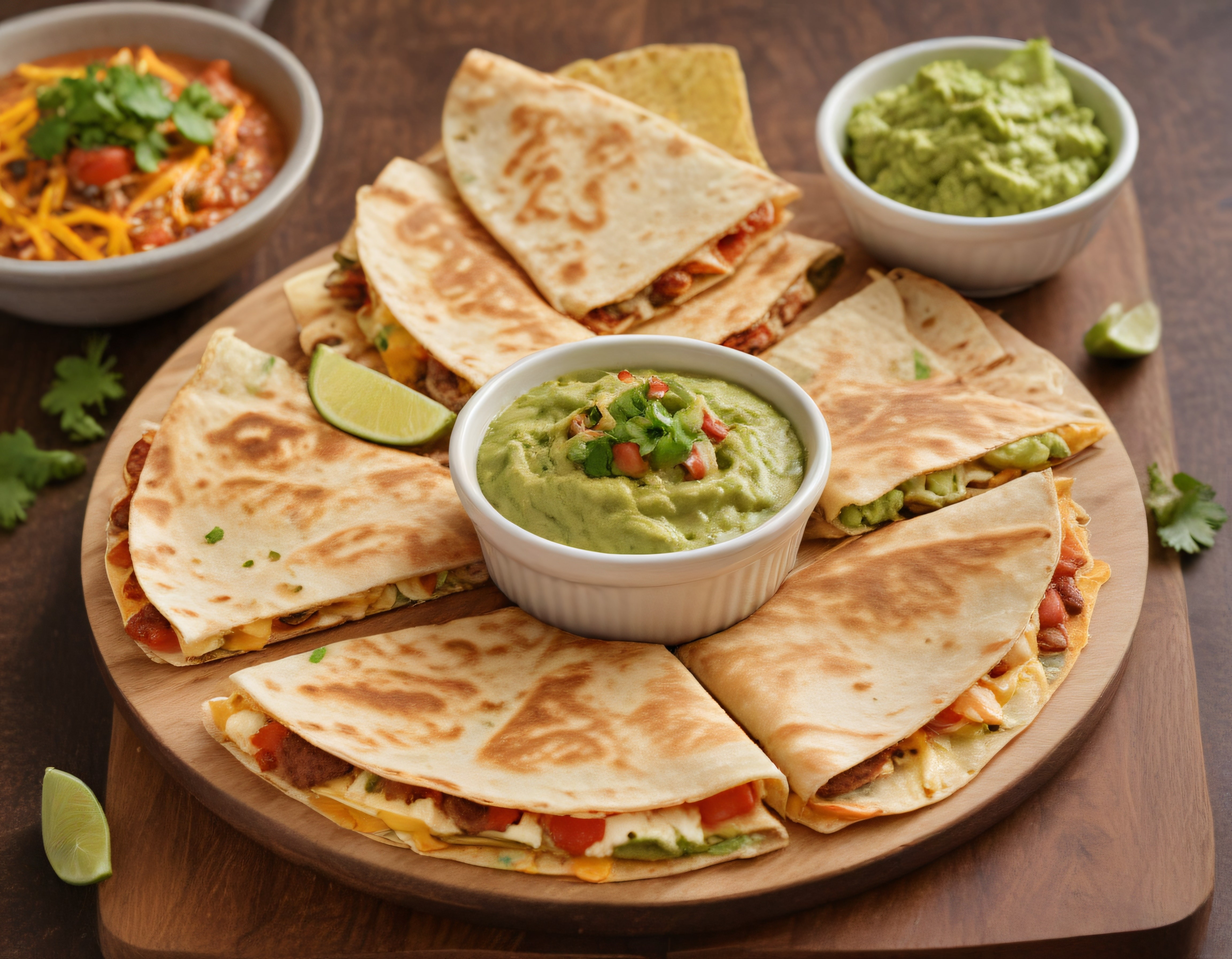 Kıtır Tortilla ile Guacamole Eşliğinde Meksika Peynirli Quesadilla Sunumu