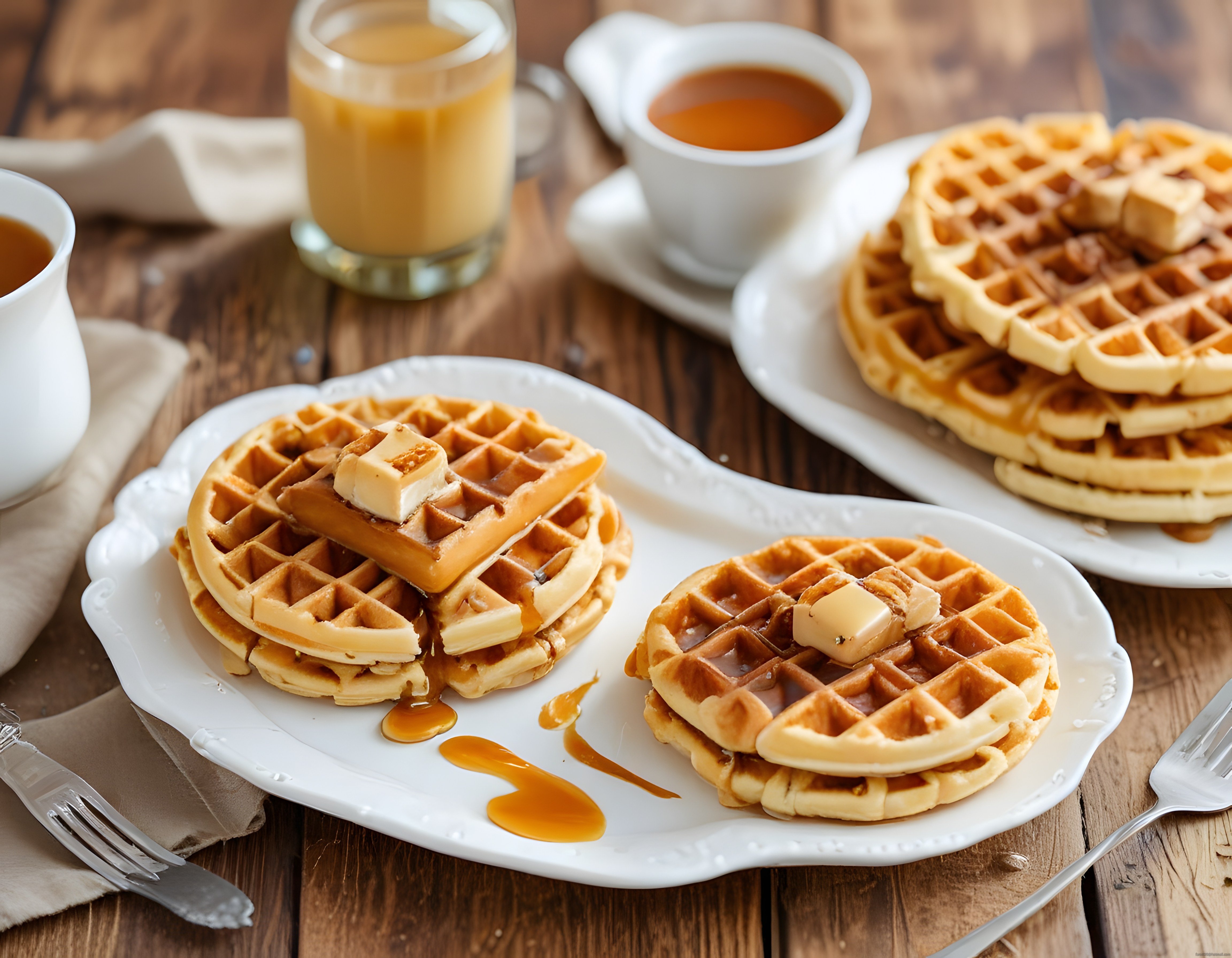 Kıtır Waffle Üzerinde Erimiş Tereyağı ve Akçaağaç Şurubu Kahvaltısı