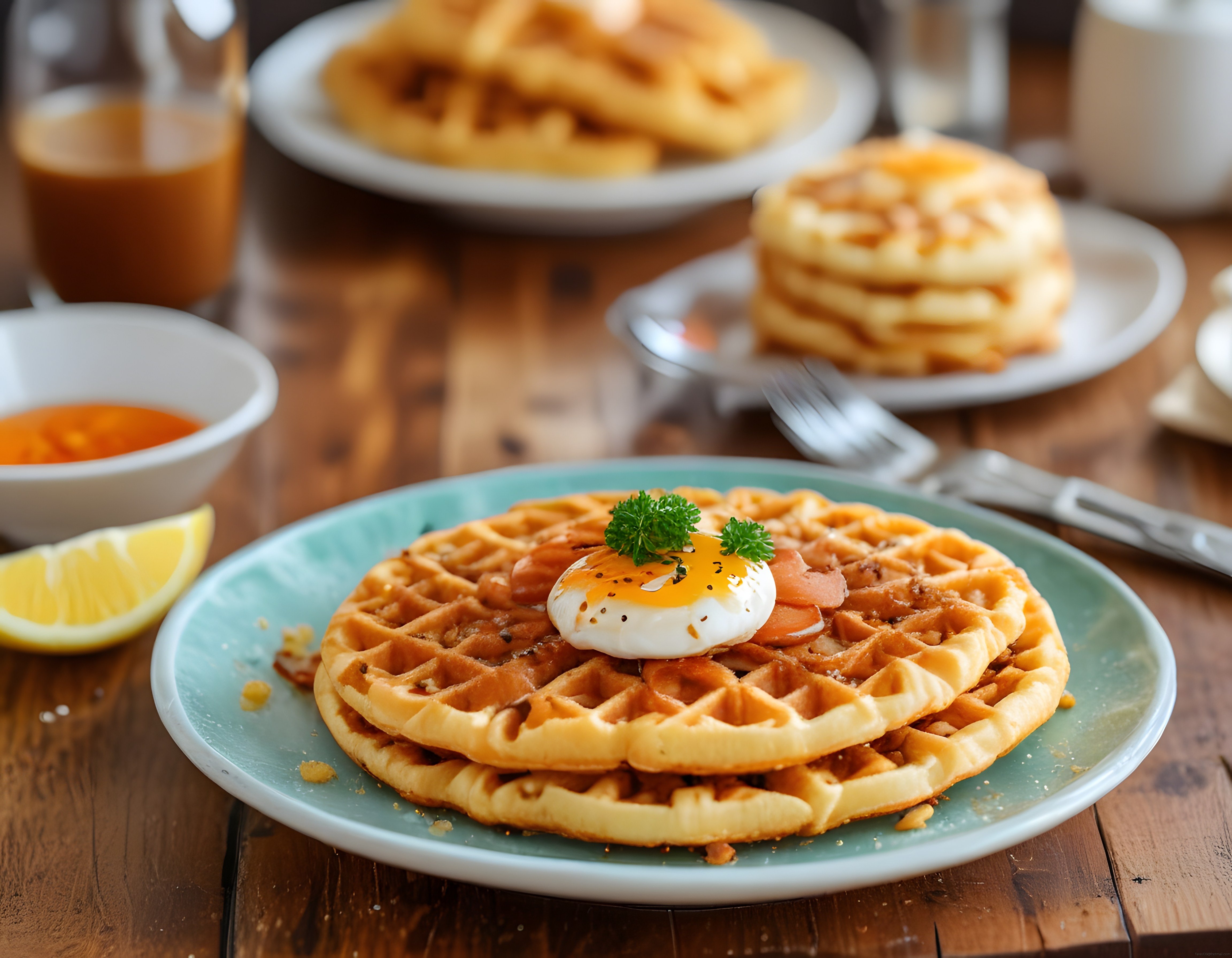 Kıtır Waffle Üzerinde Poşe Yumurta ve Maydanozlu Kahvaltı Sunumu
