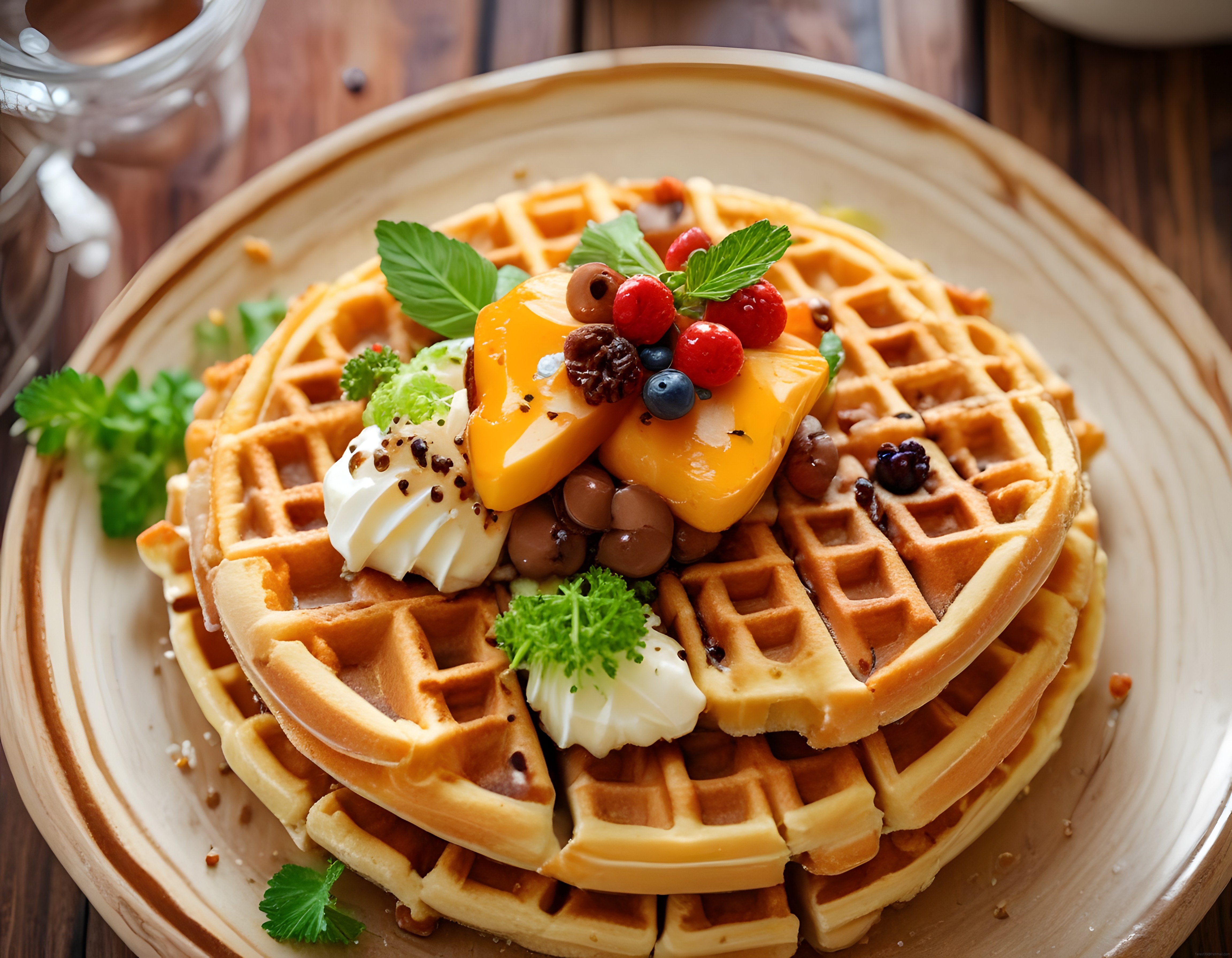 Kıtır Waffle Üzerinde Taze Meyveler ve Kremalı Şık Kahvaltı Sunumu