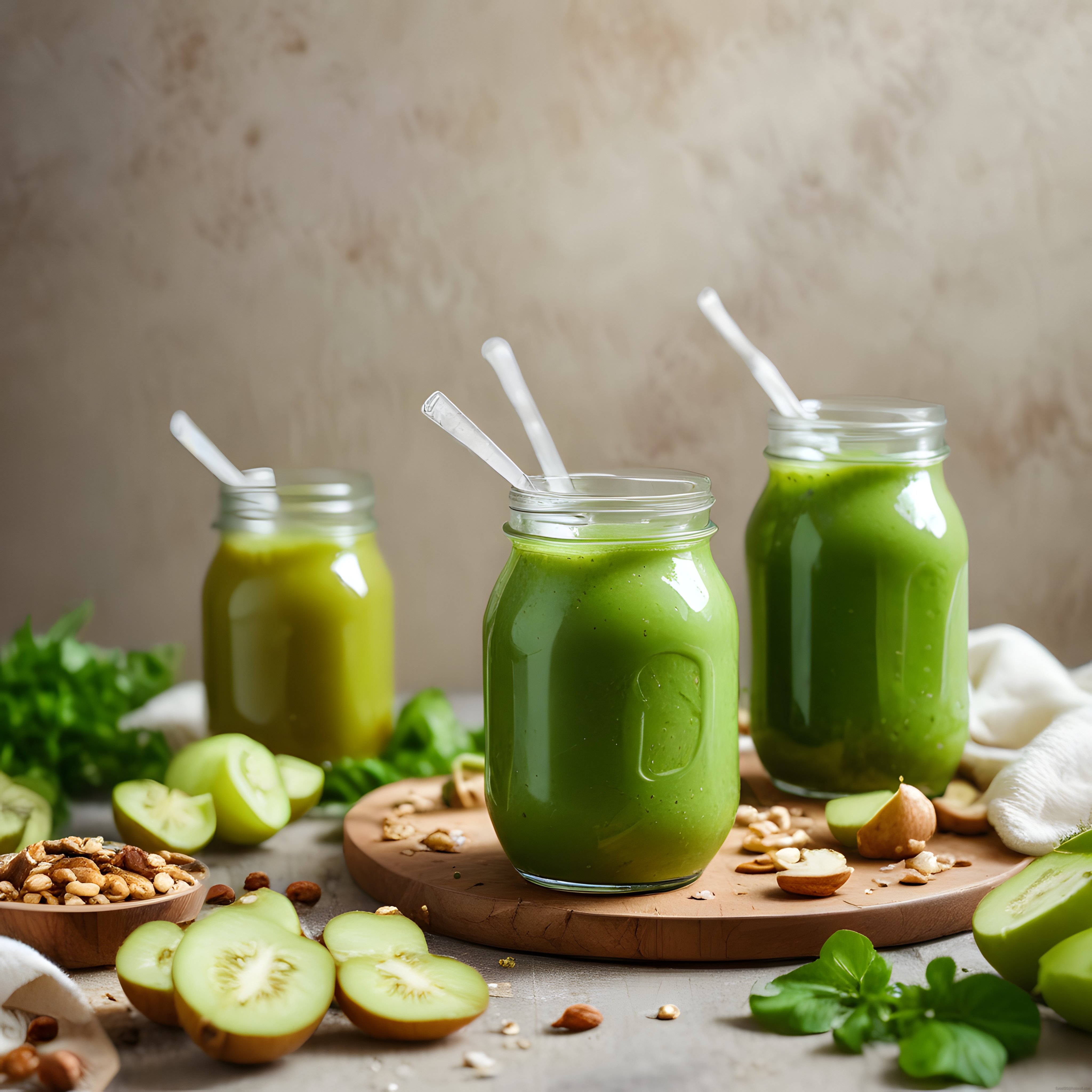 kivili salatalıklı taze yeşil smoothie kavanozda servis ve kuruyemiş eşlikçisi
