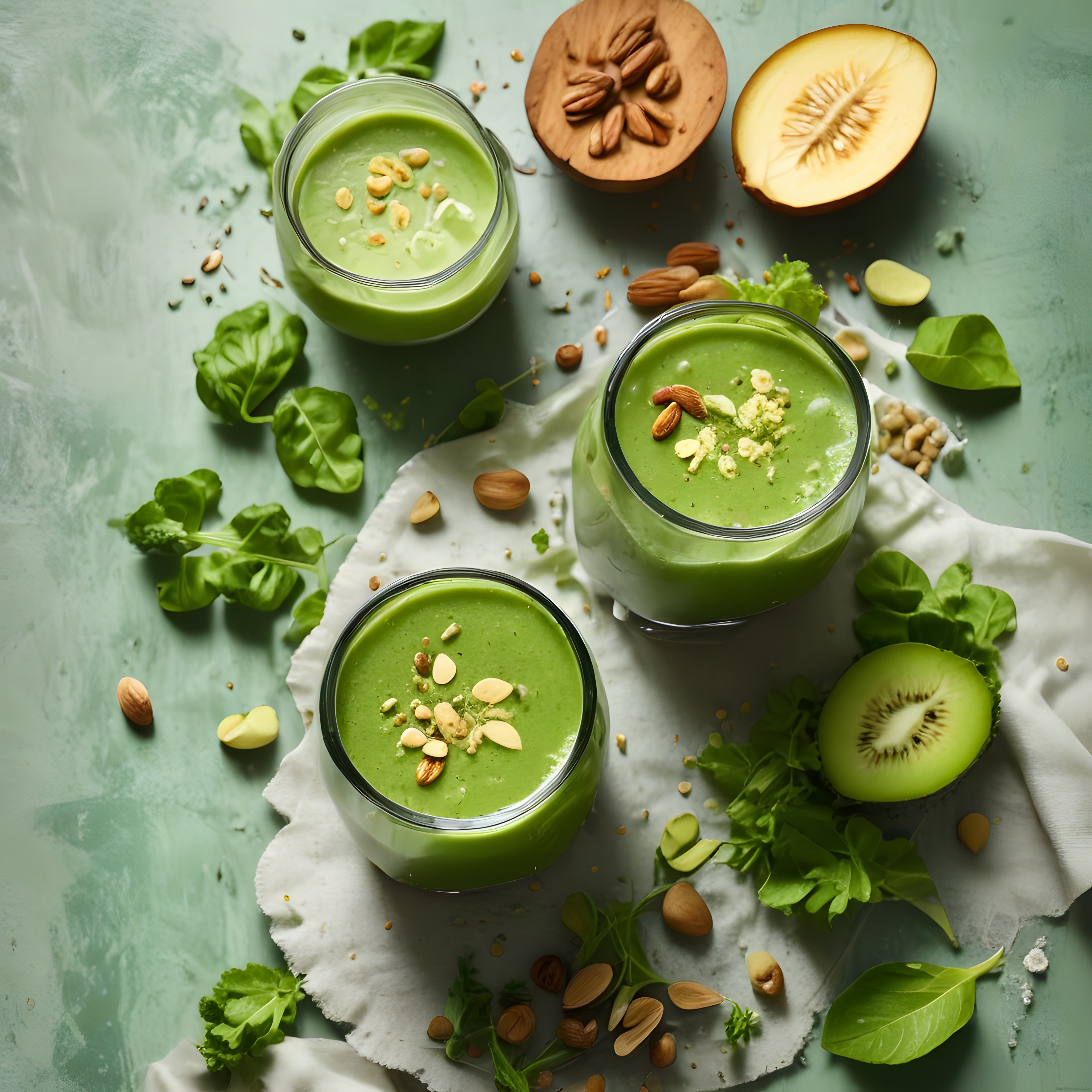 Kivili ve Ispanaklı Ev Yapımı Doğal Yeşil Smoothie Bardakları Üstten Görünüm