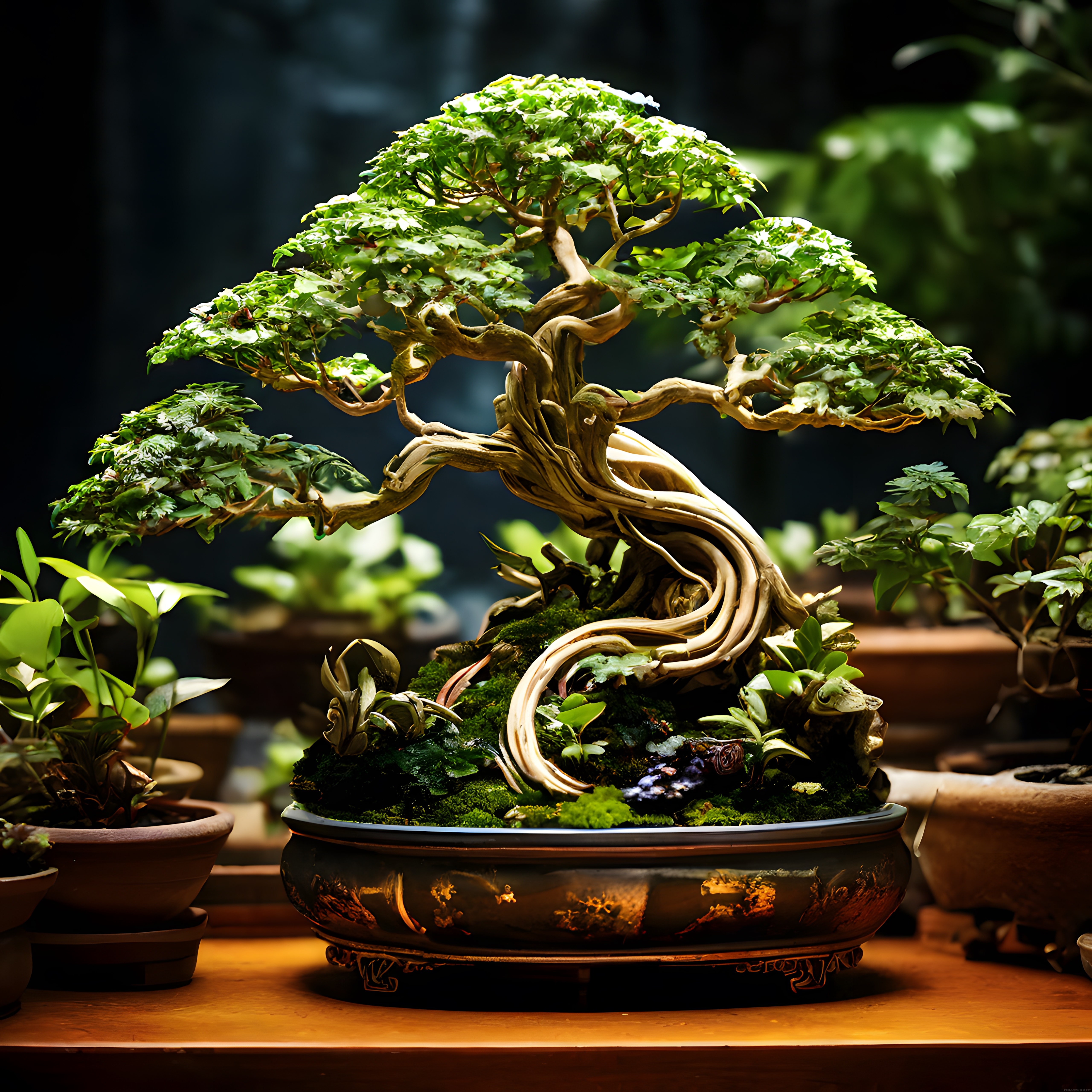 Kıvrımlı gövdeli bonsai ağacı, süslü seramik saksıda yosunlarla birlikte