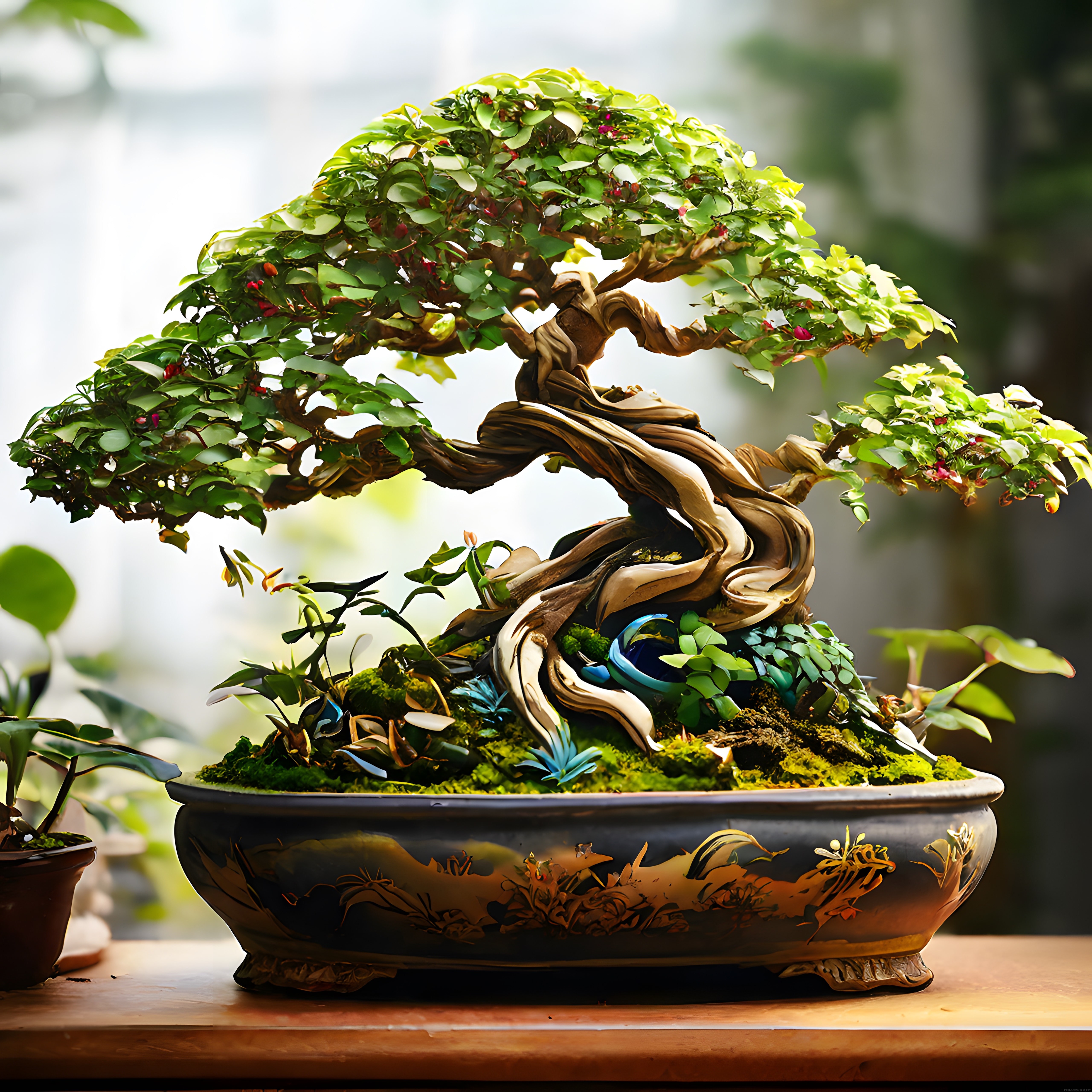 Kıvrımlı gövdeli yaşlı bonsai ağacı yosunlu ve süslemeli saksıda
