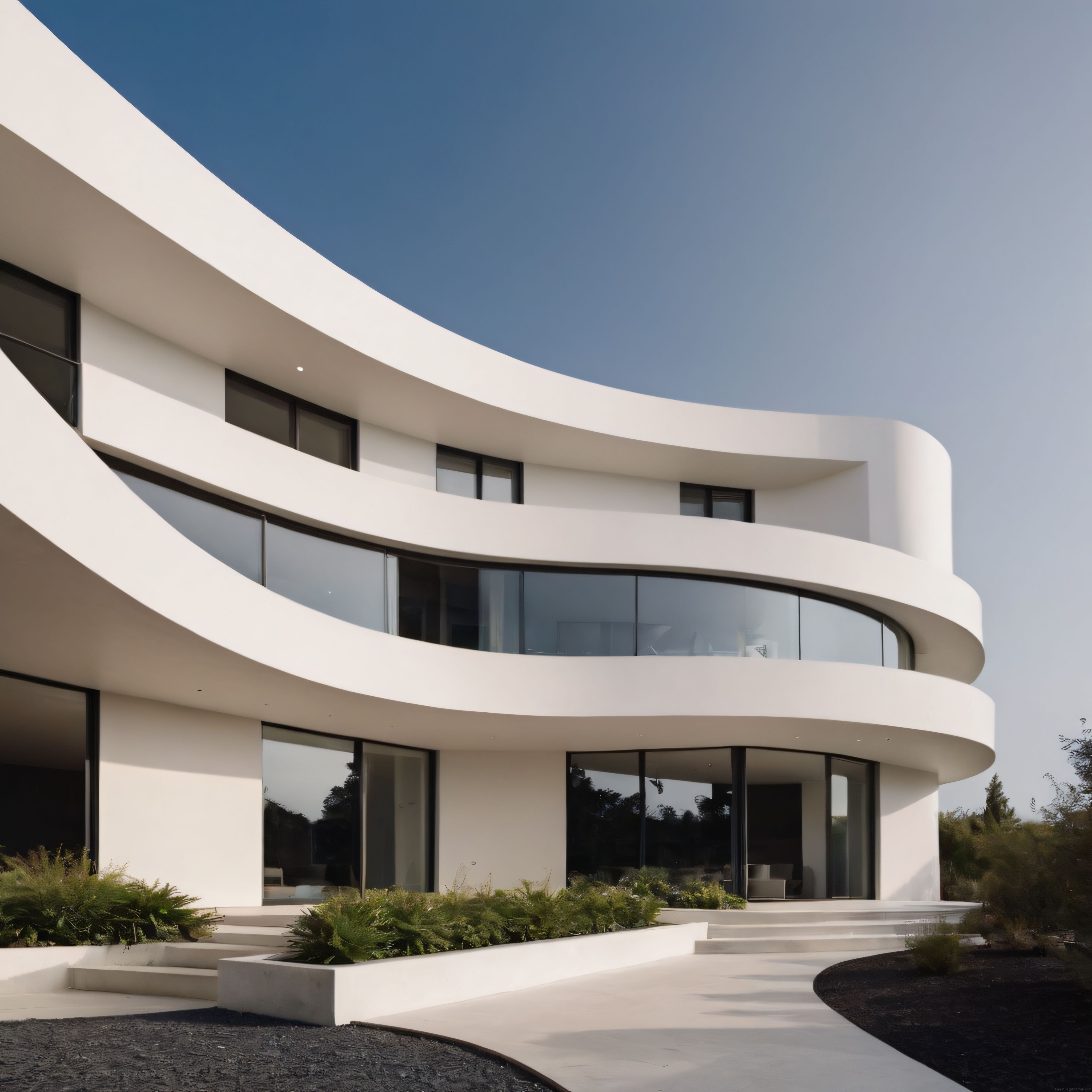 Kıvrımlı Hatlarıyla Geleceği Yansıtan Modern Beyaz Villa ve Minimalist Bahçe Düzenlemesi
