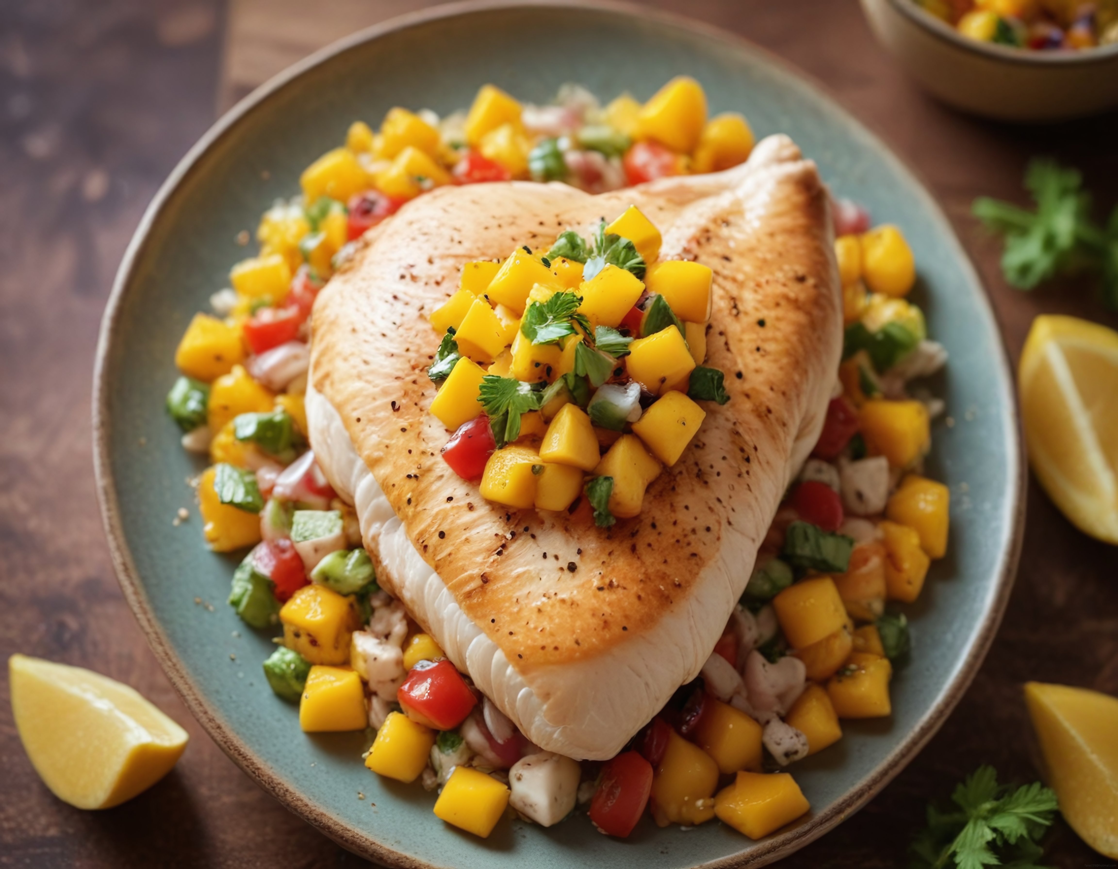 Kızarmış Balık Fileto ve Taze Mango Salsa ile Renkli Yemek Tabağı